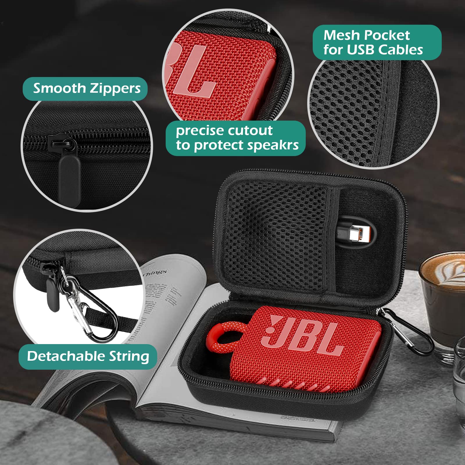 GeeRic JBL GO3 Hard Case - Shockproof EVA Protective Cover for JBL GO3 Speaker | Waterproof & Dustproof | Perfect for Travel, Camping & Outdoor Adventures (Black with Black Liner)