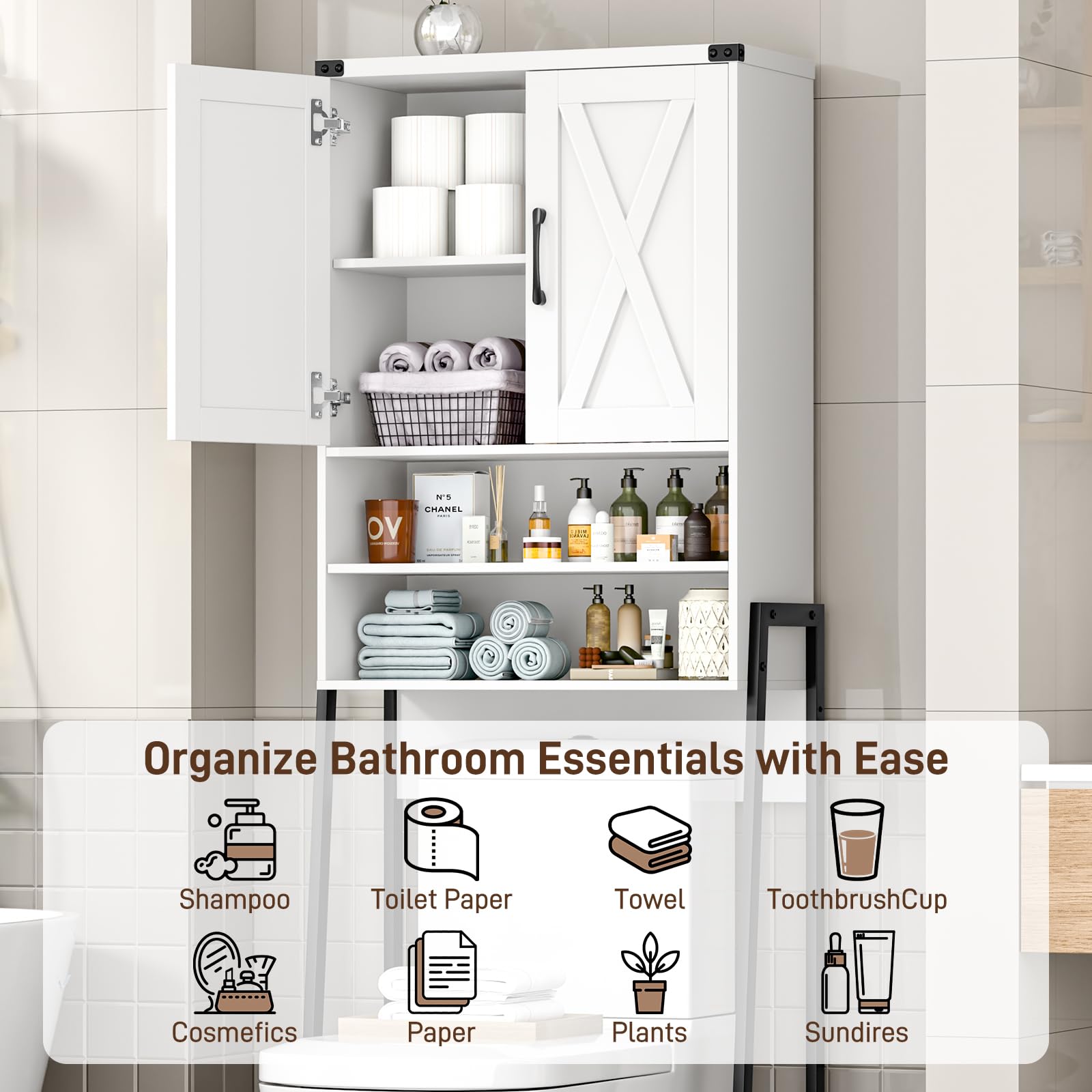 Farmhouse Over The Toilet Storage Cabinet with 2 Barn Doors - Space-Saving Metal Frame Bathroom Organizer for Toiletries, Towels & Laundry Supplies - Perfect for Small Bathrooms, Powder Rooms & Laundry Areas