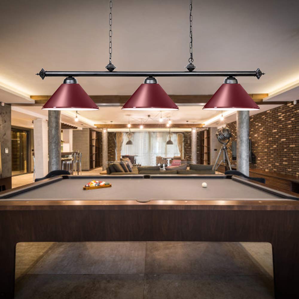 Premium 8'/9' Pool Table Light with 3 Metal Shades - Billiard Lamp for Man Cave & Game Room - Kitchen Island Lighting for Restaurants & Dining Rooms - Burgundy Finish, 59 Inch, 3 Lights - Perfect for Home Bars, Basements & Entertainment Spaces