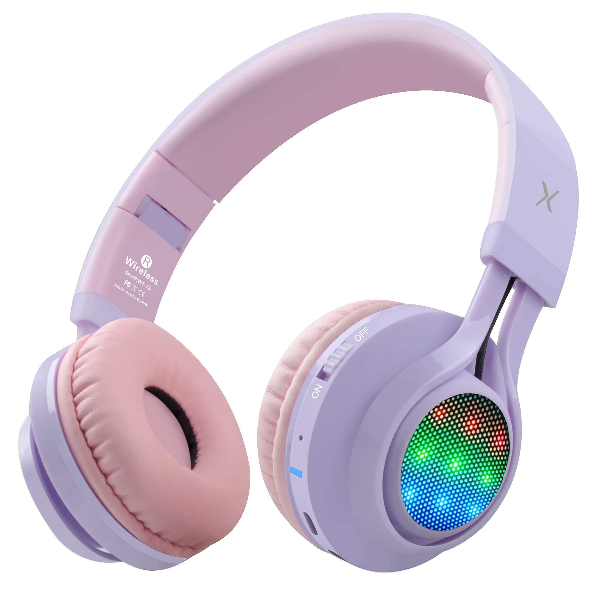 Riwbox WT-7S Wireless Kids Headphones 2 Pack - Foldable Stereo Bluetooth Headset with Built-in Mic & Volume Control for Children - Compatible with PC, Laptop, Tablet, iPad (Purple & Blue) - Perfect for Online Learning, Travel & Entertainment