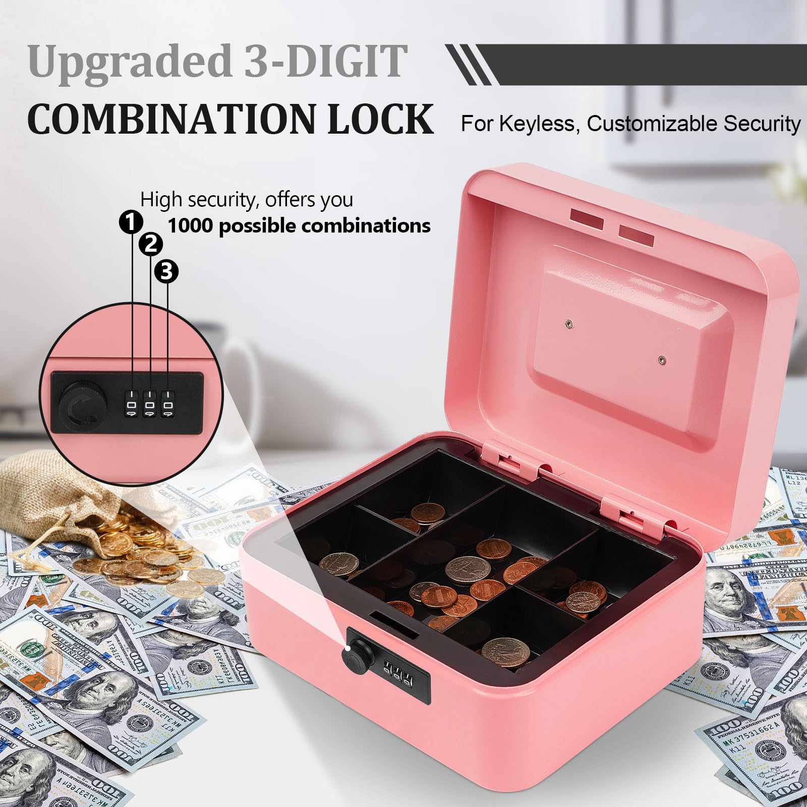 Medium Metal Cash Box with Combination Lock - Durable Money Saving Organizer with Money Tray, Security Lock Safe Box for Office, Small Business, Home & Retail (7.87 x 6.3 x 3.54 inches) - Perfect for Cash Management, Deposit Storage & Daily Transactions