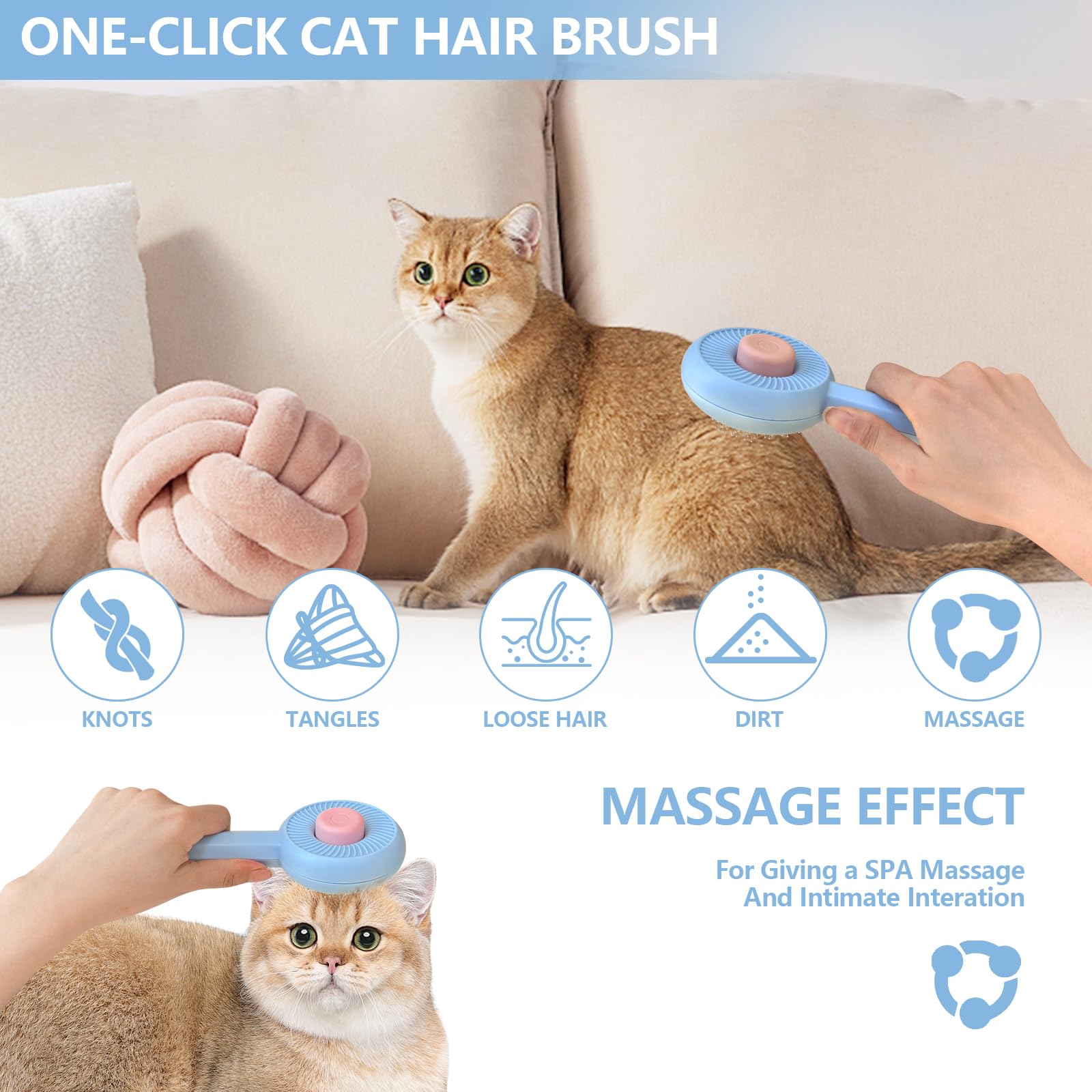 Self Cleaning Cat Brush with Release Button - Gentle Pet Grooming Brush for Long & Short Haired Cats & Dogs - Removes Loose Undercoat & Shedding Hair - Easy Clean Indoor Cat Comb (Blue) - Perfect for Daily Brushing & Reducing Pet Hair at Home