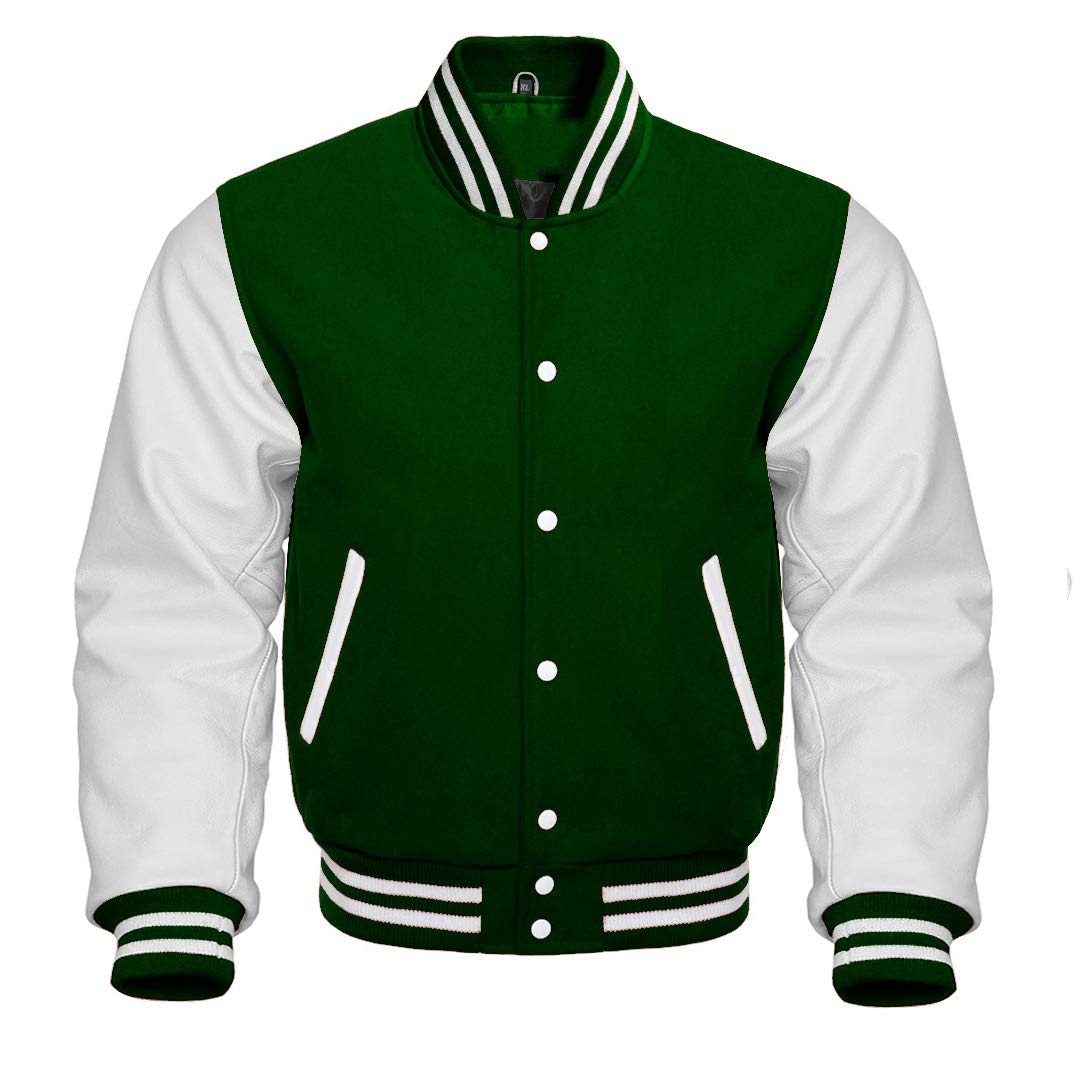 Varsity Letterman Baseball Bomber Jacket - Retro Vintage Style with Forest Green Wool Body & White Genuine Leather Sleeves | Perfect for High School Sports, College Games, and Casual Streetwear Fashion