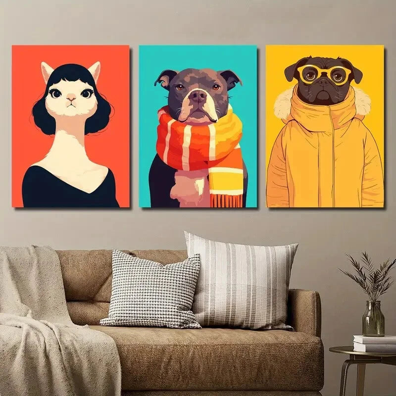 3-Piece Abstract Cartoon Animal Wall Art - Cats & Dogs Metal Prints Ready to Hang | Modern Home Decor for Living Room, Bedroom & Nursery