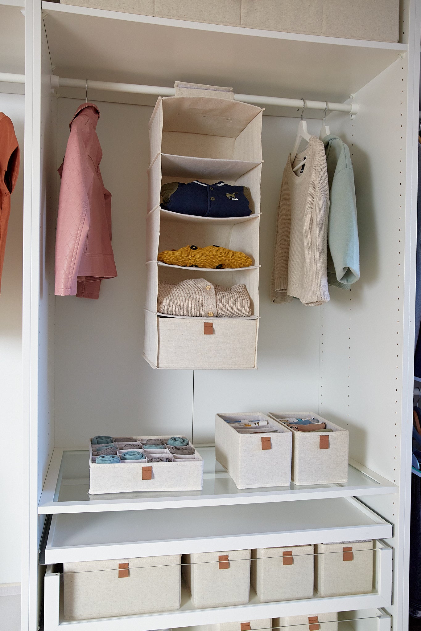 Premium Fabric Wardrobe Organizer Set of 5 - Cream Color Closet Storage Solution for Bedroom, Closet & Travel Organization