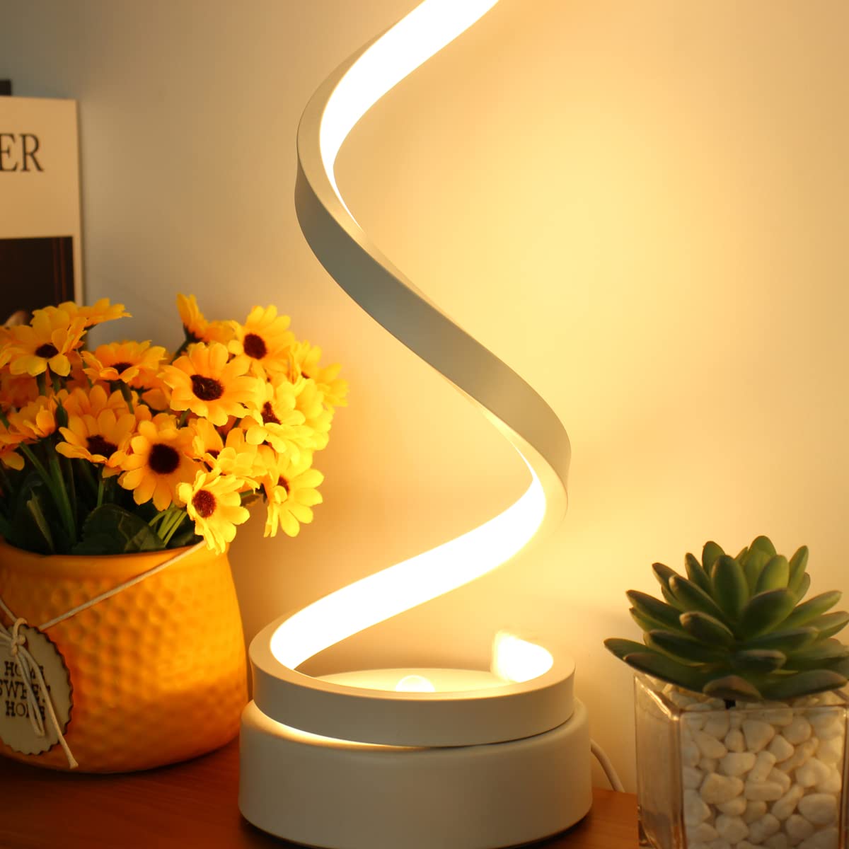 Modern Spiral Table Lamp - Dimmable 12W LED Desk Light with 3 Colors & 10 Brightness Levels for Bedroom, Living Room, Office - Nightstand Lamp for Reading, Working & Relaxing - White