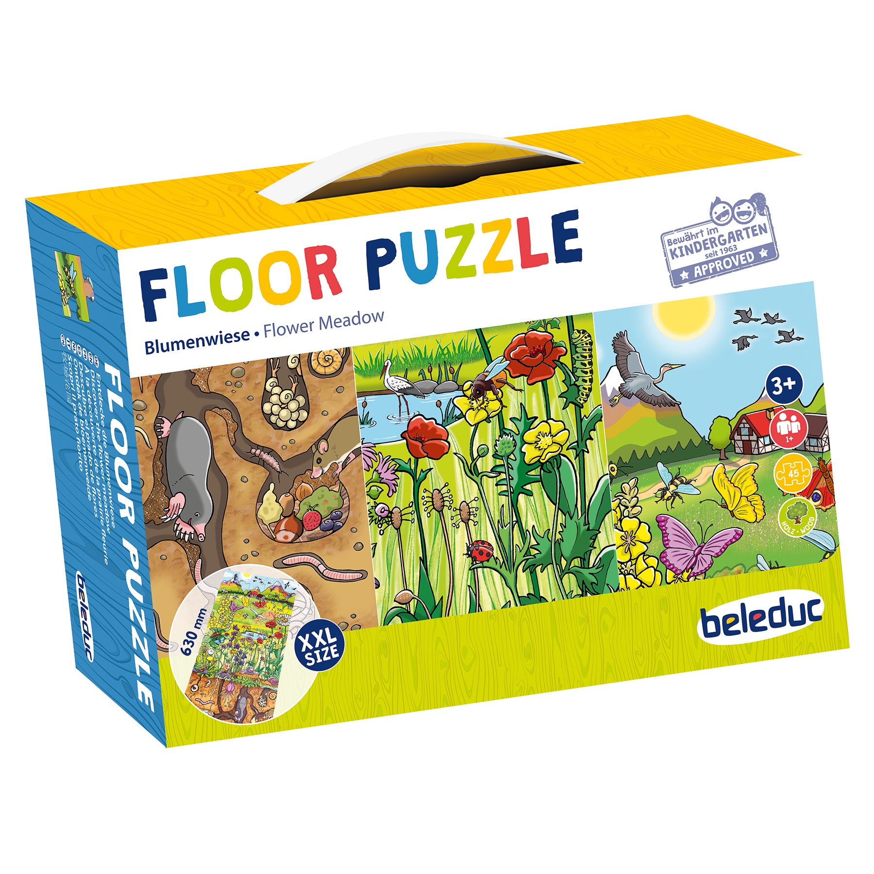 Beleduc 45-Piece Wooden Floor Puzzle - Flower Meadow Design for Kids, Educational Learning Toy for Toddlers & Preschoolers - Perfect for Playrooms, Daycares & Homeschooling Activities