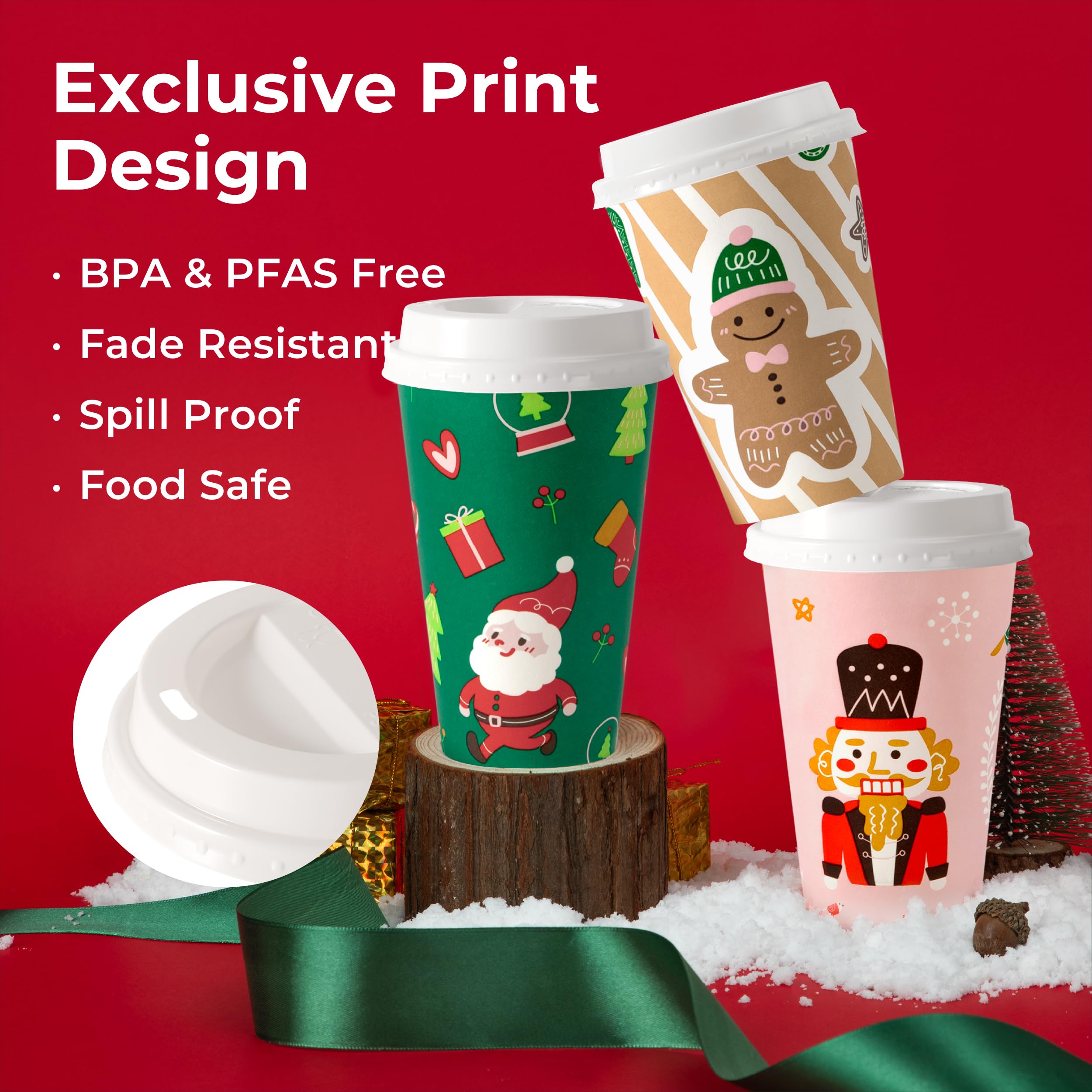50 Pack 16oz Christmas Disposable Coffee Cups with White Lids - Durable Thickened Paper Cups for Hot Chocolate, Tea & Cocoa - Holiday Party Cups for Kids, Office & Festive Gatherings - Perfect for Christmas Celebrations, Family Reunions & Winter Beverage Serving