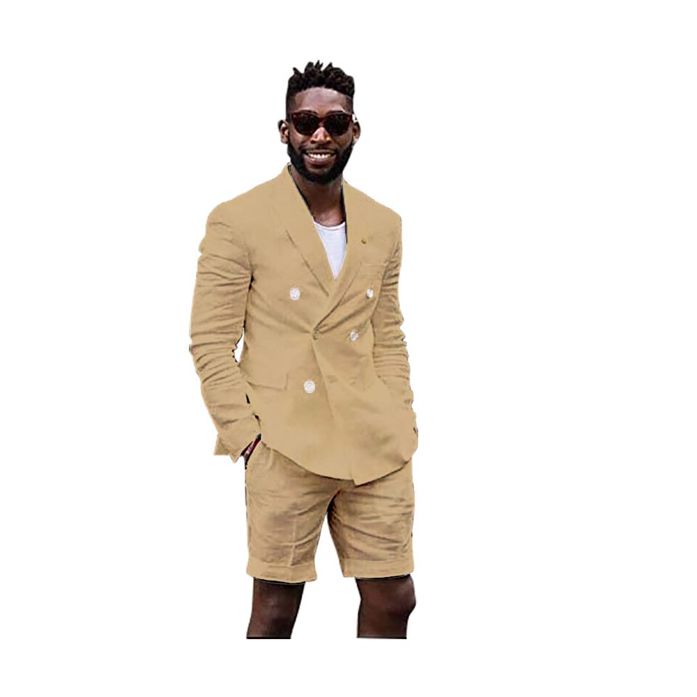 Men's Gray Linen Cotton Slim Fit Tuxedo Suit Blazer & Shorts Set - Perfect for Beach Weddings, Summer Casual Wear and Formal Events
