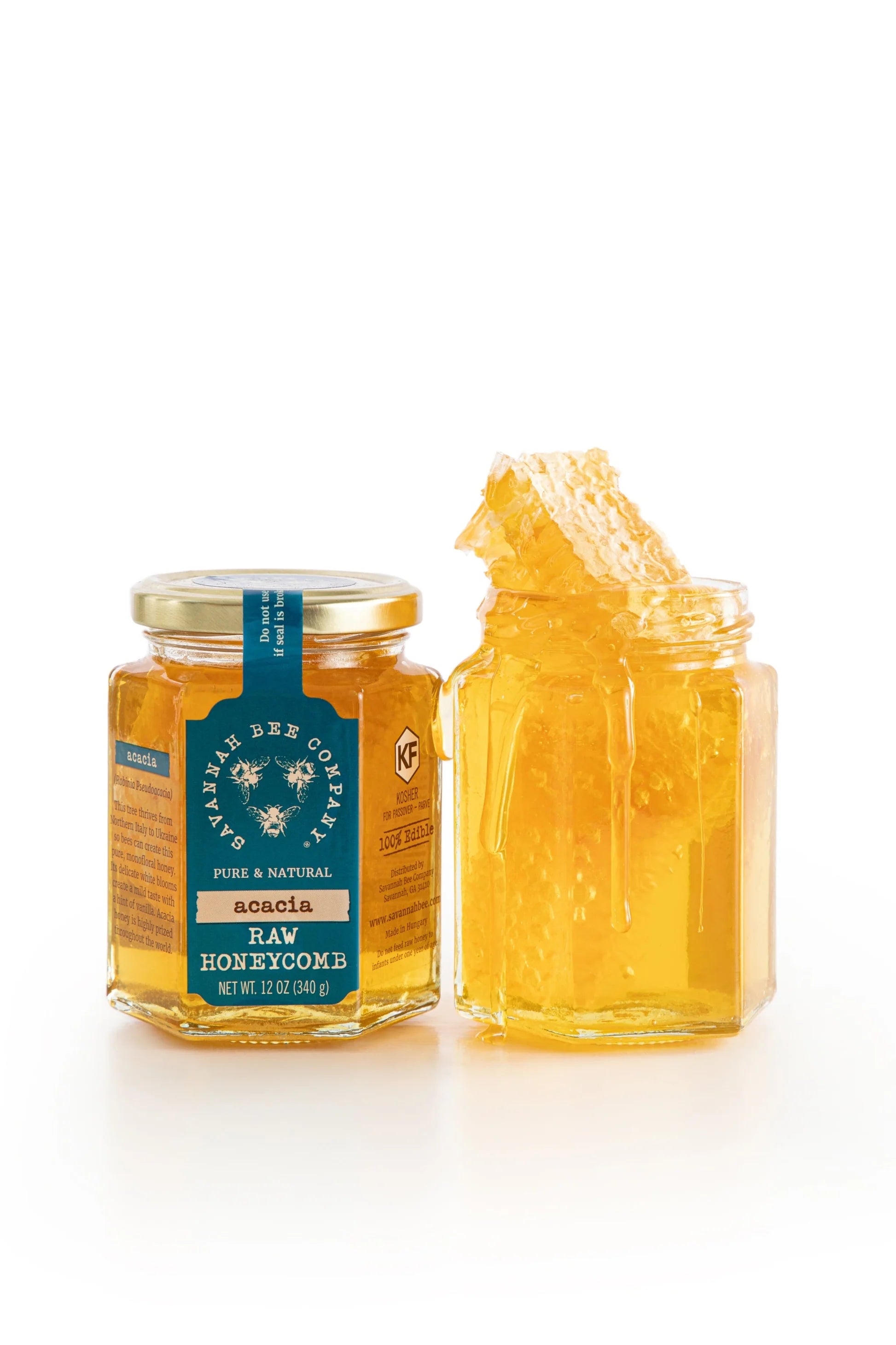 Pure Raw Acacia Honeycomb in Glass Jar - Natural Unfiltered Honeycomb for Tea, Cheese Pairing & Gourmet Recipes