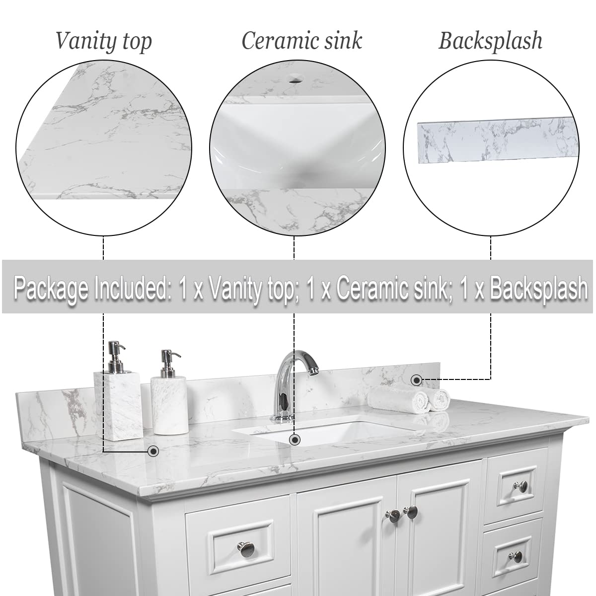 43 Inch Carrara White Marble Vanity Top with Undermount Ceramic Sink - Engineered Stone Bathroom Countertop with Backsplash, Single Hole Faucet - Perfect for Modern Master Bathrooms & Powder Rooms