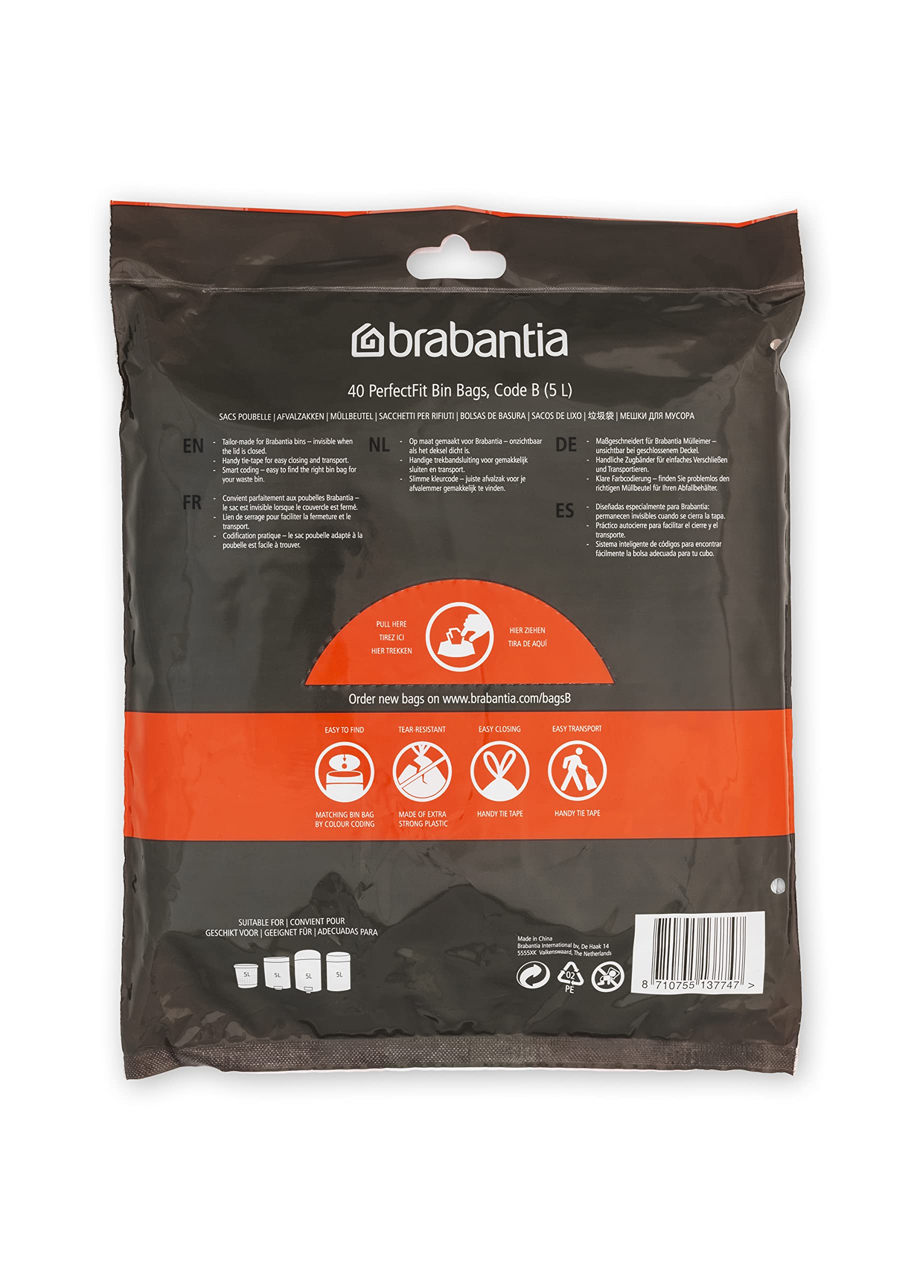 Brabantia PerfectFit Trash Bags Size B 1.3 Gallon - Thick Plastic Trash Can Liners with Drawstring Handles (40 Count) - Ideal for Small Bathroom, Office, or Bedroom Waste Bins