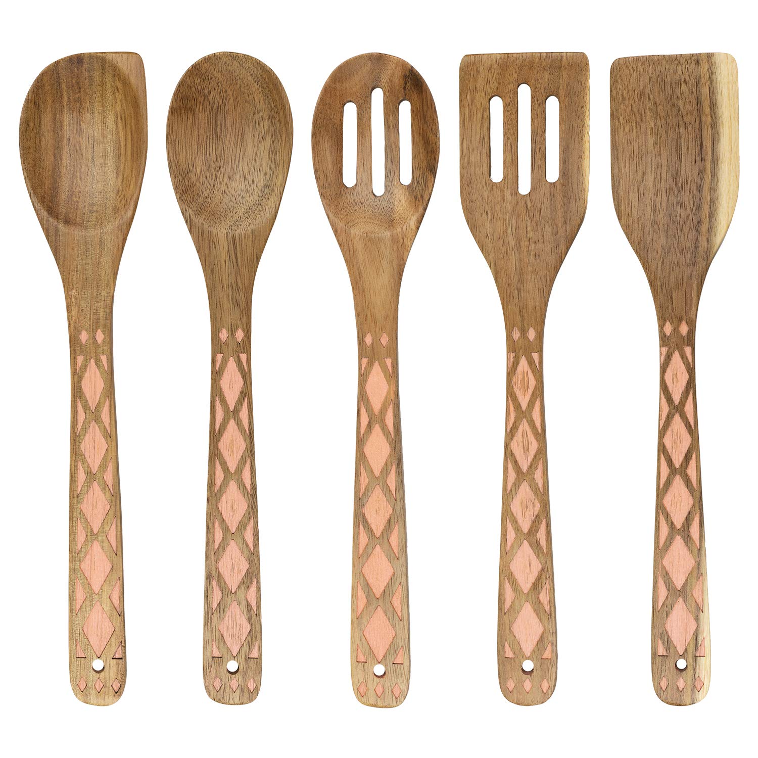 5-Piece Nonstick Kitchen Utensil Set with Acacia Wood Handles - Heat Resistant Cooking Tools for Healthy Meals, Serving & Baking - Elegant Inlay Design for Modern Country Kitchen & Home Cooking
