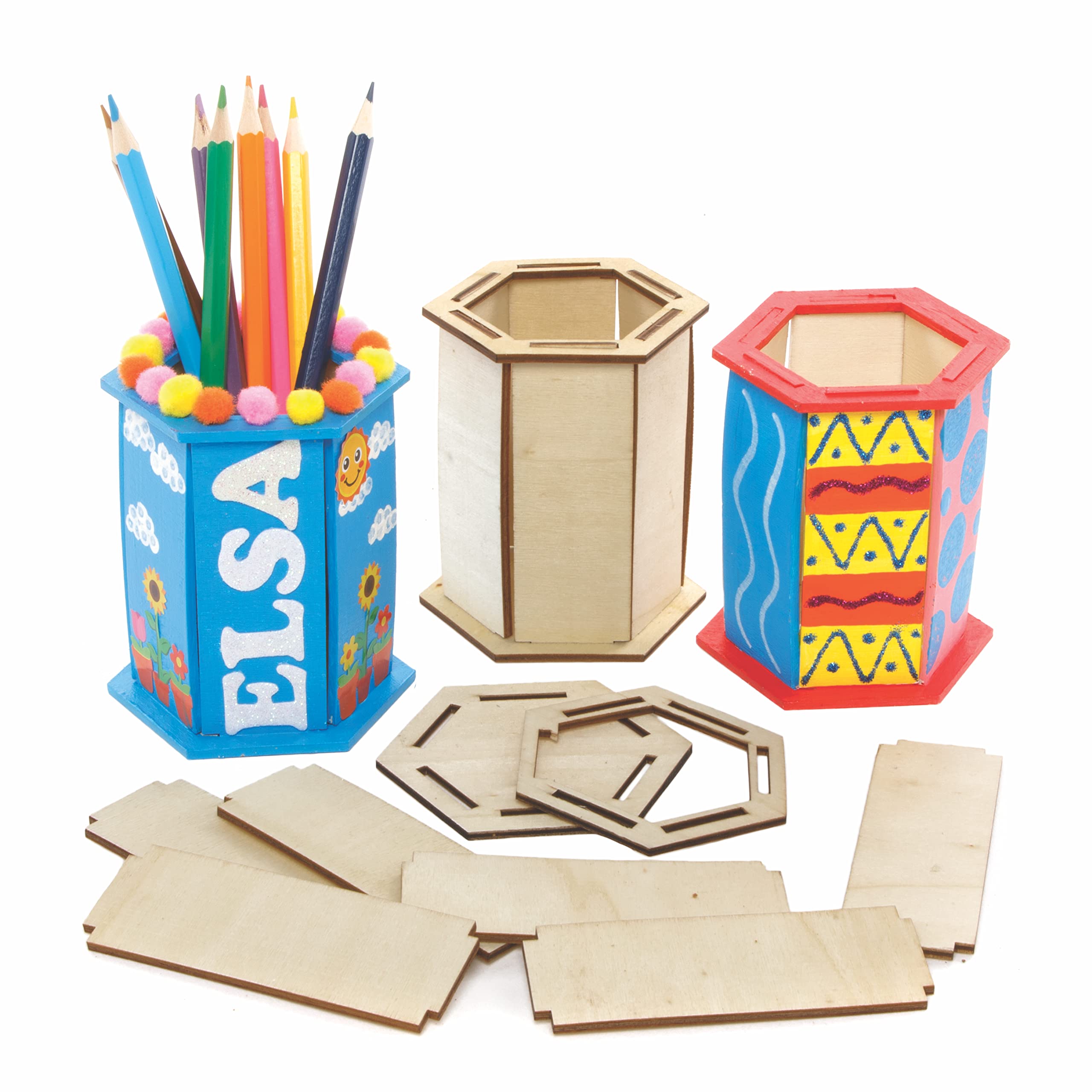 Baker Ross Hexagon Wooden Pencil Pot Kits - Pack of 3 DIY Paintable Pen Holders, Kids Wooden Craft Set for School & Office Supplies (FE522) | Perfect for Classroom Projects, Teacher Gifts & Home Organization