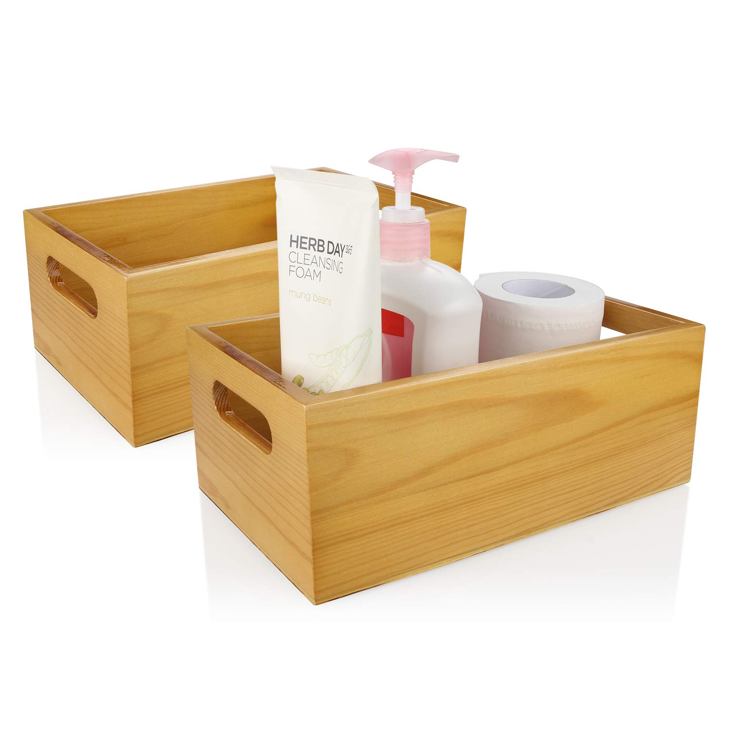 2-Pack Pine Wood Organizer Box with Handles - Bathroom & Kitchen Storage Solution for Toiletries, Cosmetics, and Essentials | Rustic Open Wooden Box for Home Organization
