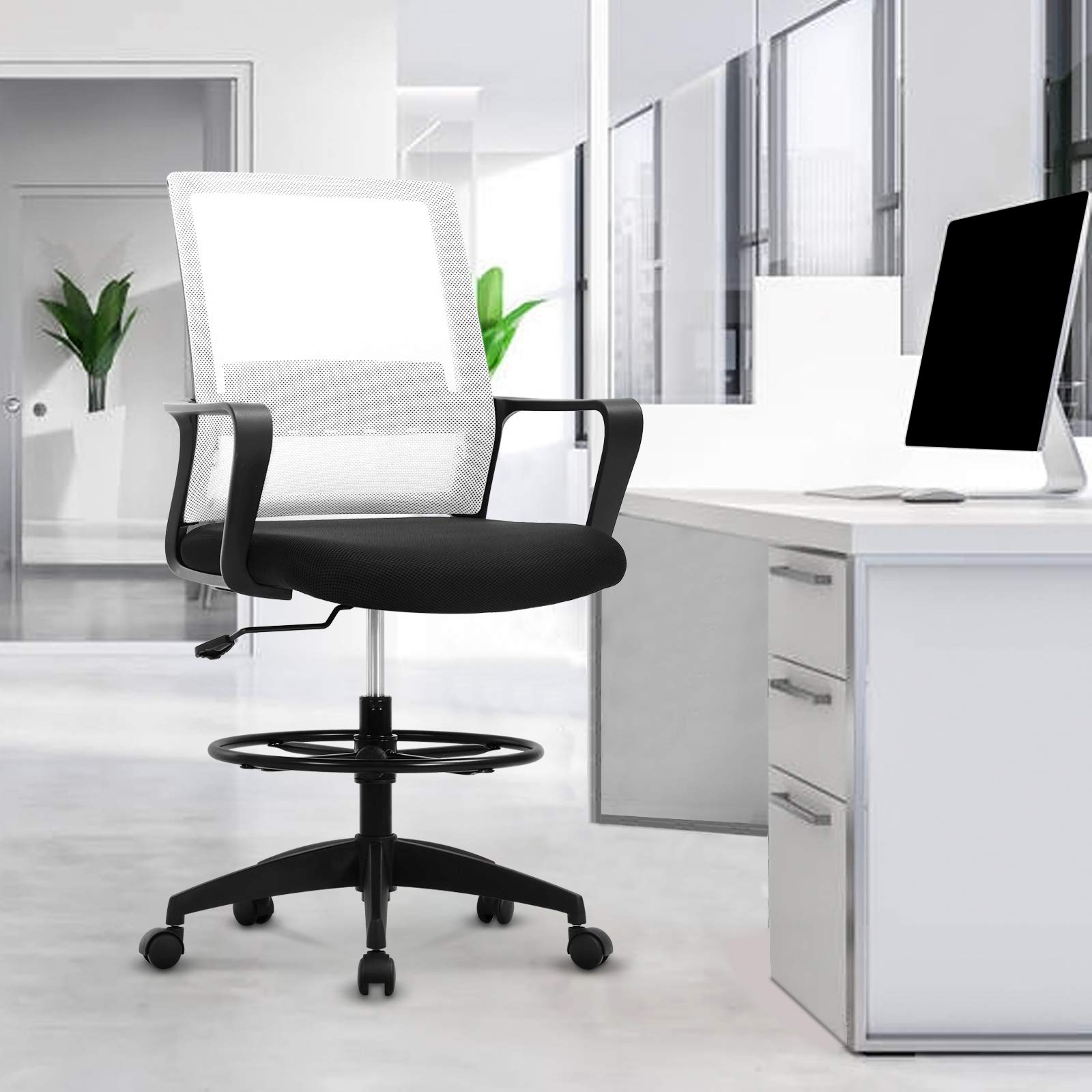 Ergonomic Adjustable Height Drafting Chair with Flip-Up Arms - US Stock Mesh Office Chair for Standing Desk, High Desk & Bar - Rolling Swivel Executive Stool for Artists, Architects & Home Office