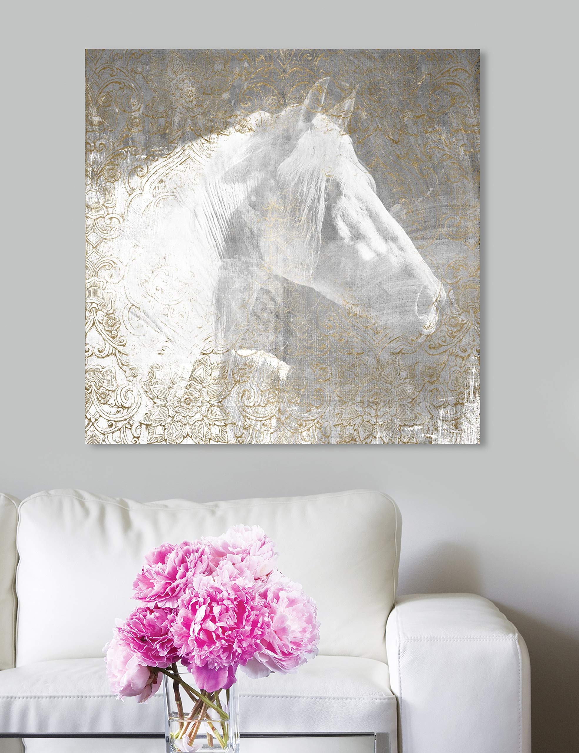 Lone Blanc Horse Wall Art Canvas Print - 24x24 Inch Modern Animal Home Decor by Oliver Gal Artist Co. - Elegant White & Gold Framed Artwork for Living Room, Bedroom, or Office