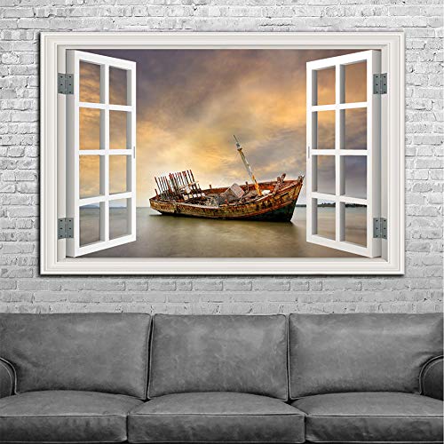 Urttiiyy Framed Canvas Wall Art - Abandoned Fishing Boat Beach Sunset Seascape Landscape Painting, Stretched & Ready to Hang - Coastal Home Decor for Living Room, Bedroom, Office (16x24 Inches) | Perfect for Beach House, Nautical Theme or Coastal Inspired Interior Design