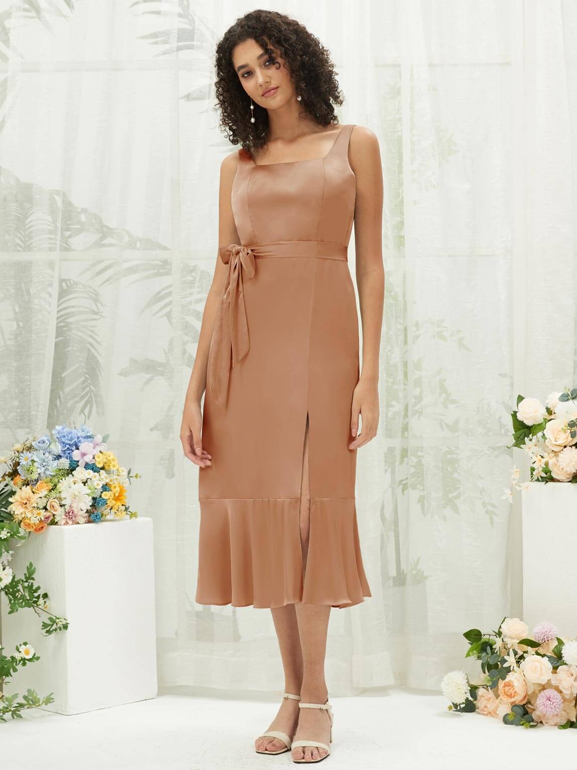 Silk Satin Bridesmaid Dress - Square Neck, Slit & Tea Length Convertible Design for Weddings, Parties & Special Occasions
