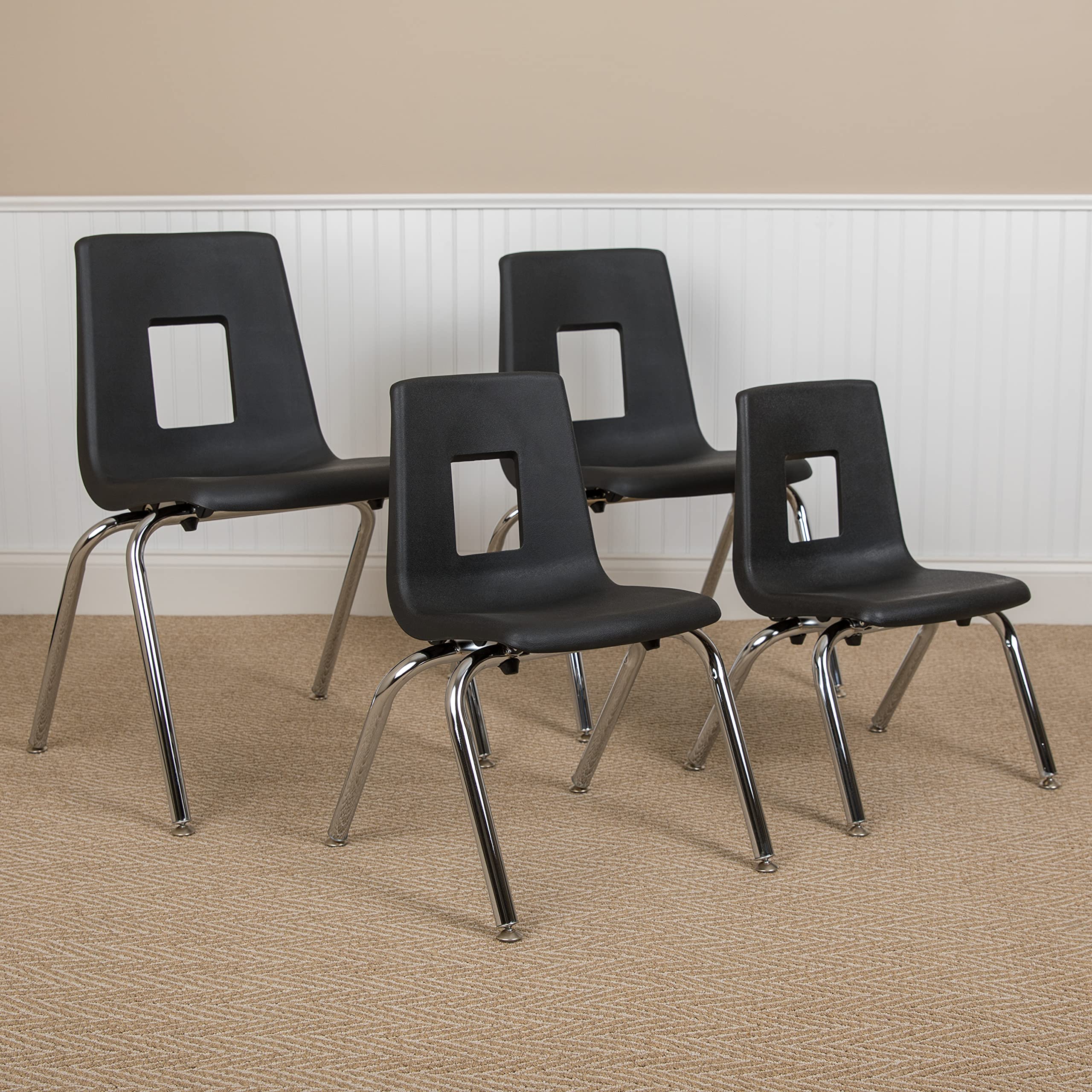 EMMA + OLIVER 4-Pack Black Stackable School Chairs for Students - 16 Inch Height, Durable Plastic Classroom Chairs for Kids, Perfect for School, Daycare, and Home Study Areas