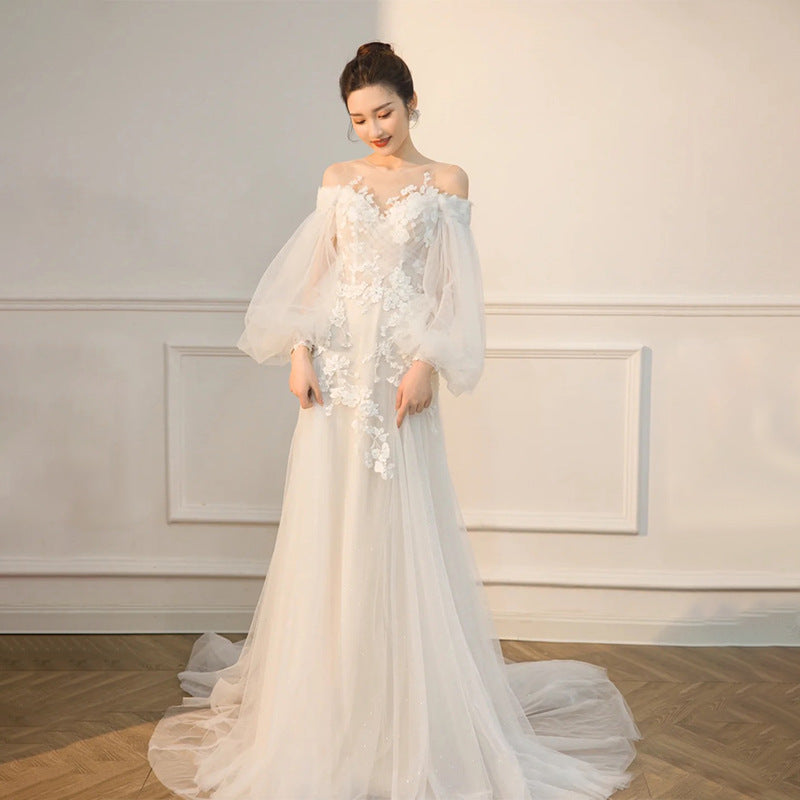 Elegant Long Sleeve Off-Shoulder Wedding Dress with Train - Fairy Tale Bridal Gown for Prom, Ball & Formal Events - Size 38 | Perfect for Church Ceremonies, Vow Renewals & Winter Weddings