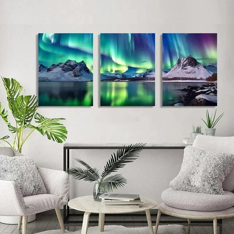 3-Piece Aurora Borealis Mountains Lake Wall Art Set - Framed Canvas 50x70cm - High Quality Print - 100% Australian Made - Ready to Hang - Perfect for Living Room, Bedroom & Office Decor