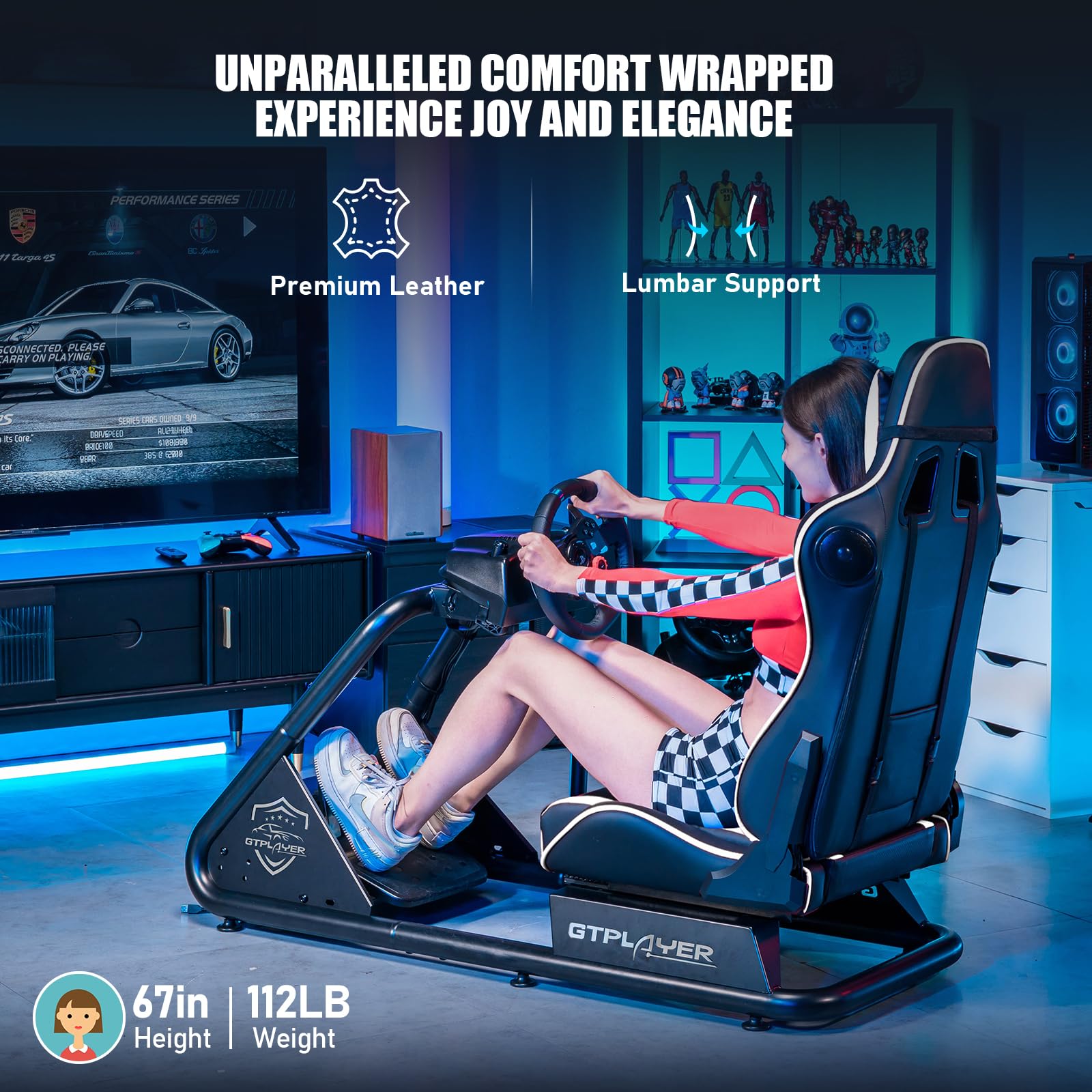 GTPLAYER Racing Simulator Cockpit with Adjustable Seat & Bluetooth Speakers - Ultra-Sturdy Alloy Steel Frame Gaming Chair for PC/PS4/Xbox - Perfect for Home Racing Games & Flight Simulation (White)