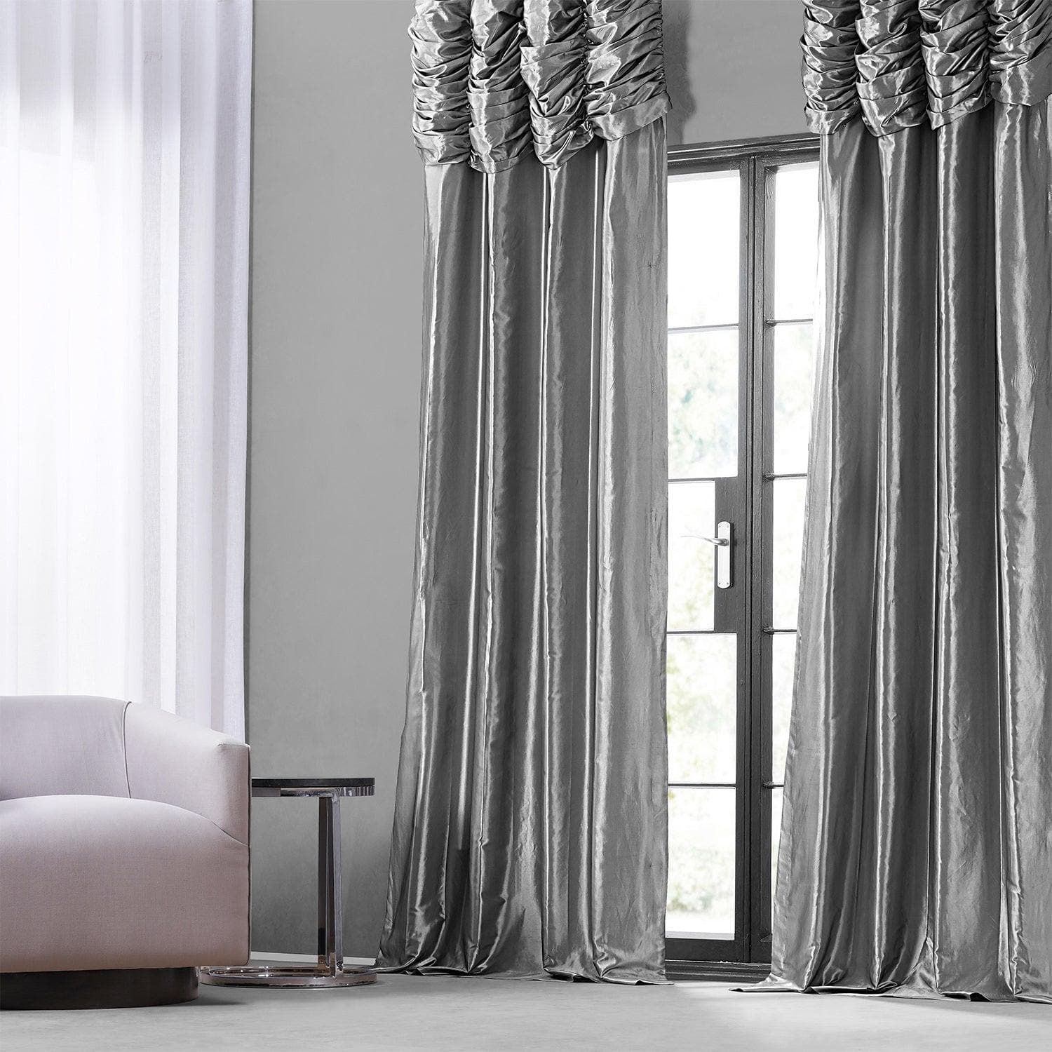 Platinum Ruched Solid Faux Silk Taffeta Room Darkening Curtain