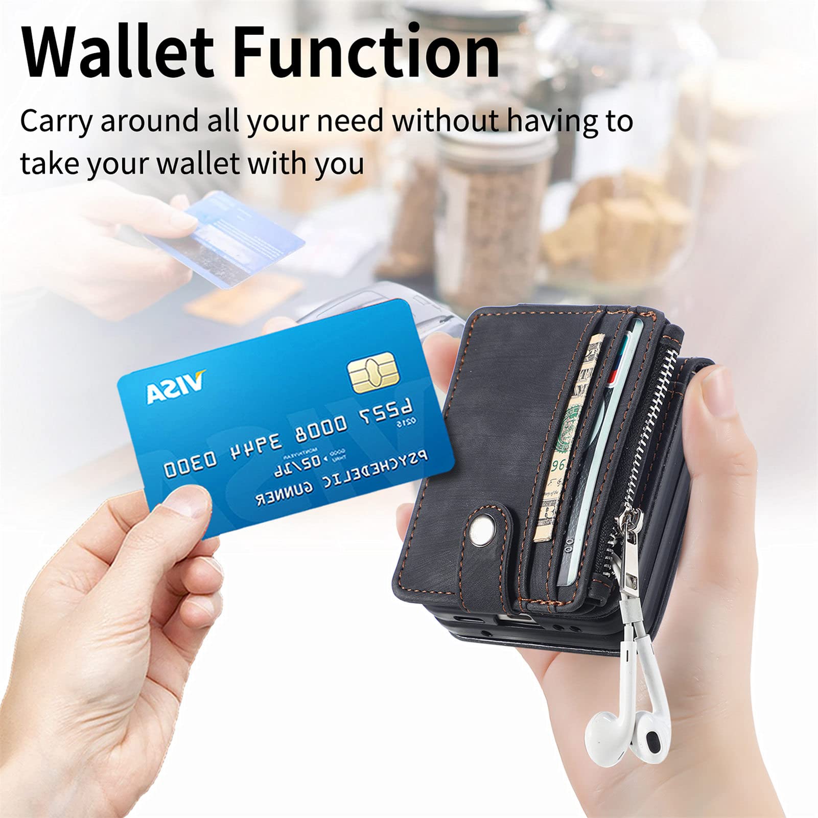 Premium Leather Wallet Case for Samsung Galaxy Z Flip 4 - Detachable Card Holder, Magnetic Kickstand & Shockproof Design | Slim Minimalist Front Pocket Wallet for Men & Women (Black) | Perfect for Everyday Carry, Travel & Business Use