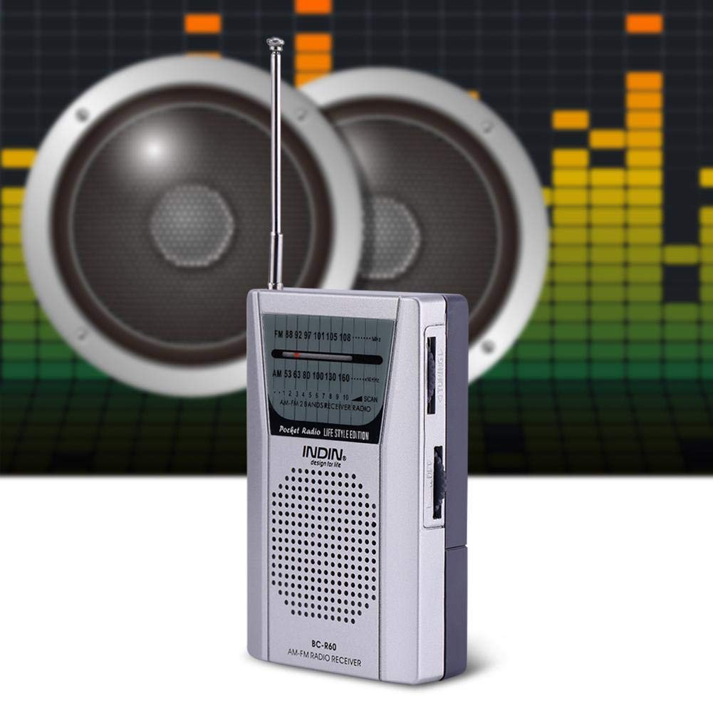 Portable FM/AM 2 Band Stereo Radio with LCD Display & Built-in Speaker - Mini Pocket Radio Receiver with Earphone Jack for Outdoor, Travel, Home & Office Use - Silver