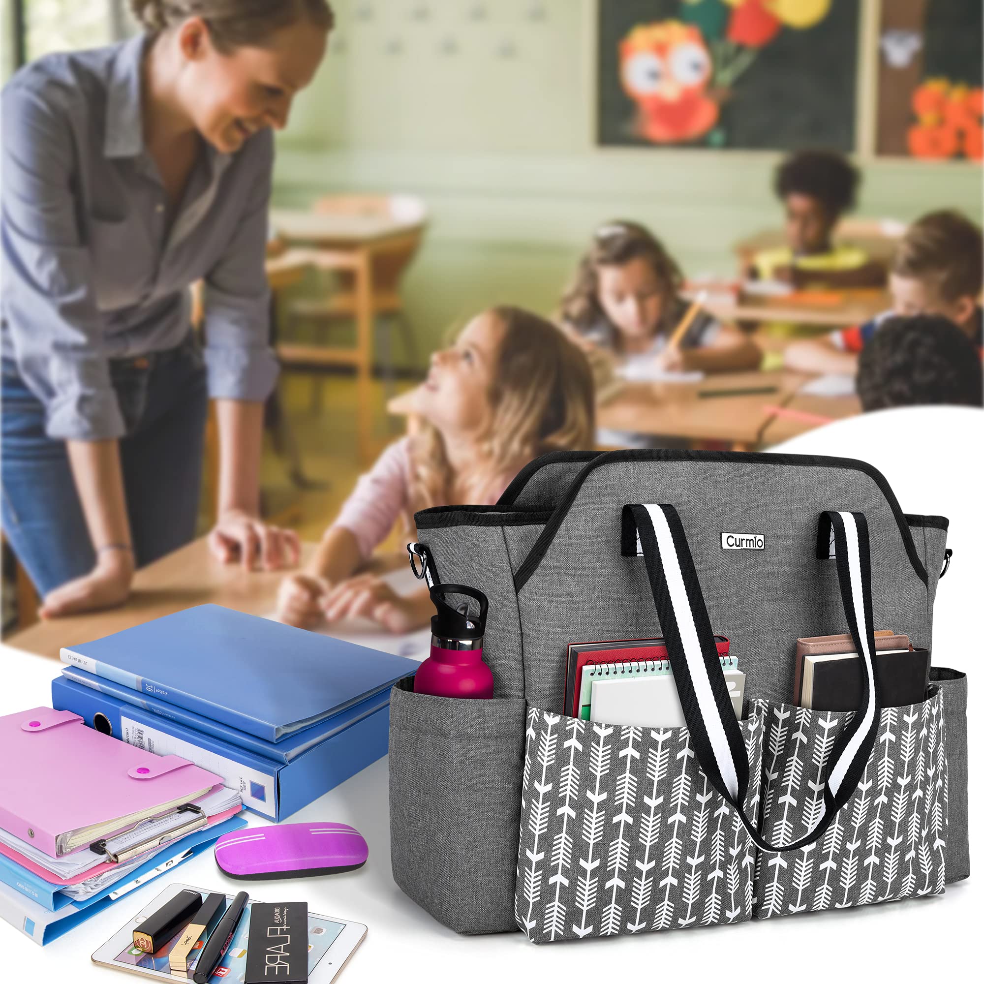 **CURMIO Women's Teacher Tote Bag with Shoulder Strap & Padded Laptop Sleeve - Portable Work Bag for Women, Perfect Teacher Gift (Gray with Arrow) - Ideal for School, Office, and Commuting**