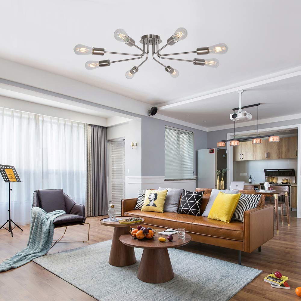 Mid Century Modern 8-Light Chandelier - Brushed Nickel Semi-Flush Mount Ceiling Light Fixture for Kitchen, Dining Room & Living Room | Elegant Lighting for Home Decor