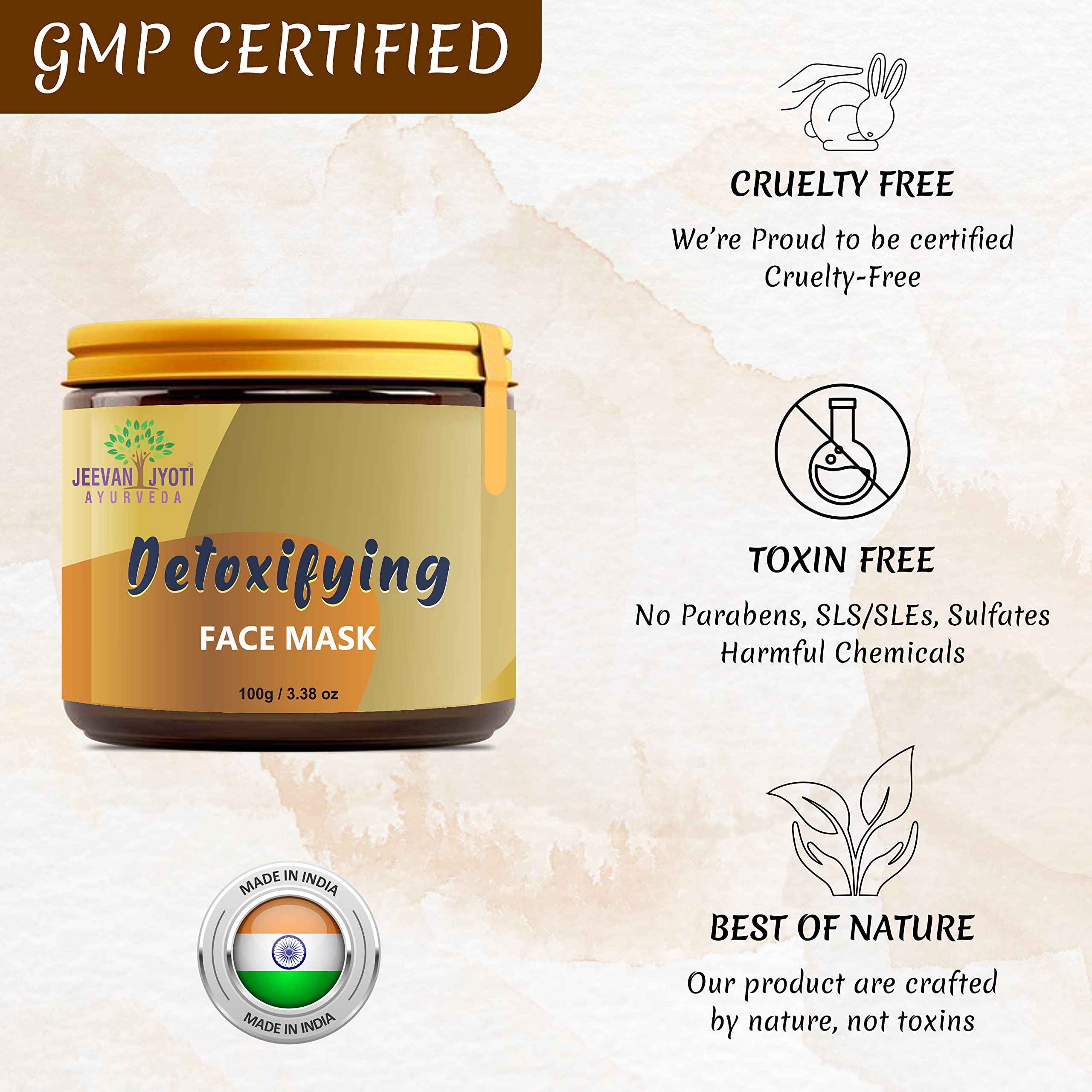 JEEVAN JYOTI AYURVEDA Detoxifying Clay Face Mask - Anti Acne & Deep Cleansing with Turmeric, Neem & Sandalwood | SLS & Paraben Free, Cruelty-Free | Perfect for Daily Skincare & Acne Treatment