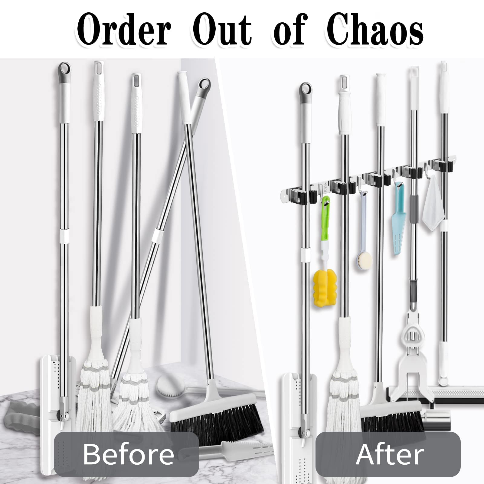 AceMining 5-Tier Wall Mount Mop and Broom Holder with 4 Heavy Duty Stainless Steel Hooks - Self Adhesive Non-Slip Organizer for Kitchen, Laundry, Garage, Garden - Space Saving Storage Solution for Cleaning Tools