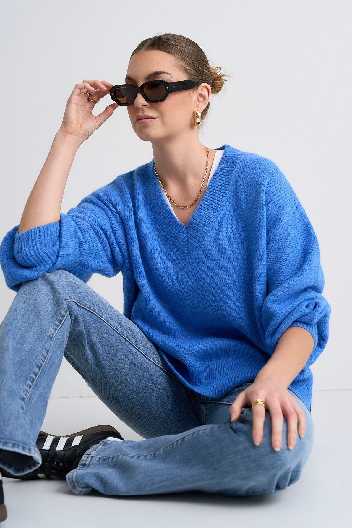 Harvest Azure Blue V-Neck Knit Jumper Sweater for Women | Soft Comfortable Pullover | Perfect for Fall, Winter & Casual Outfits