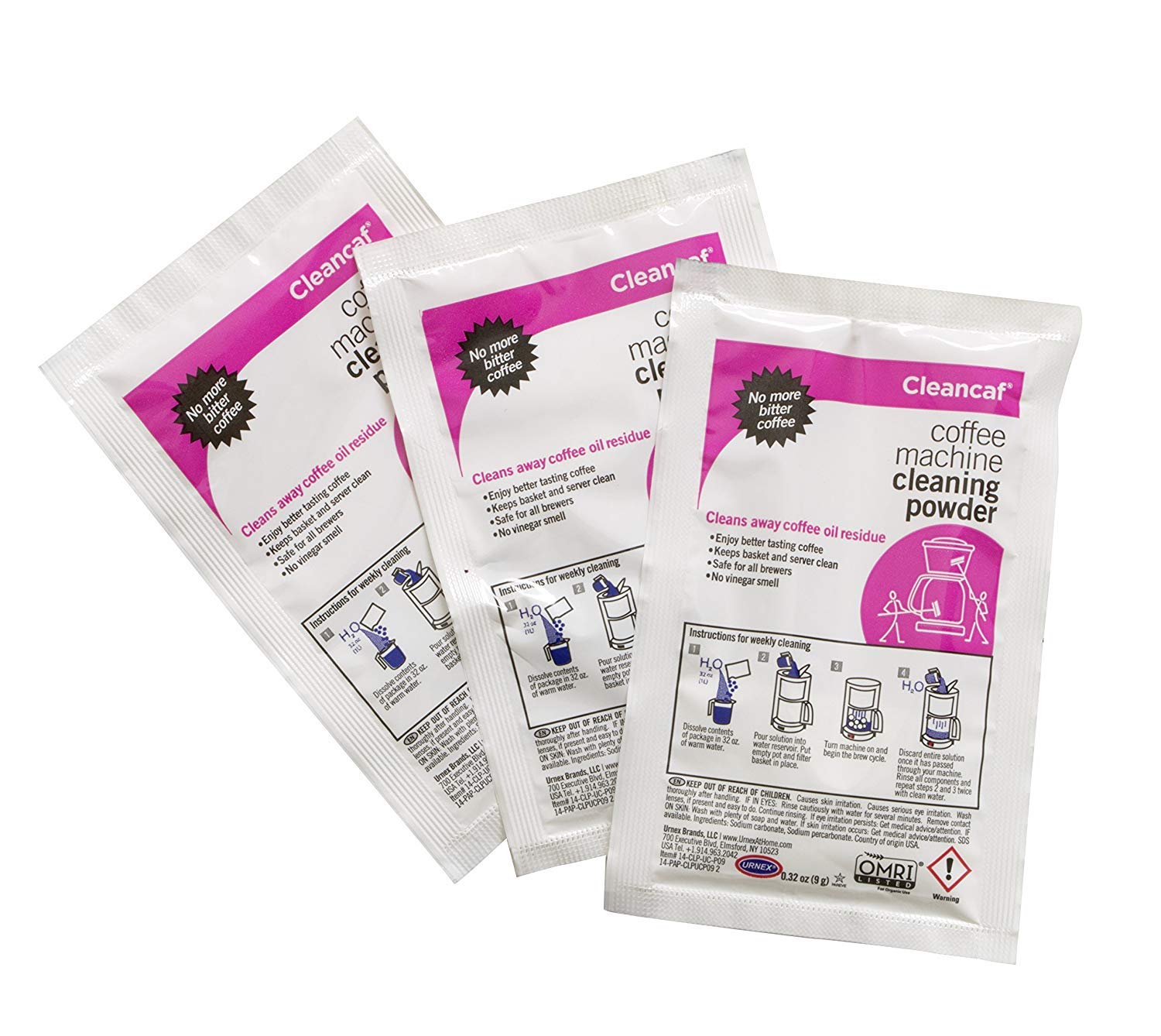 Urnex Cleancaf Coffee Maker & Espresso Machine Cleaner Powder - 2 Pack (6 Packets) | Safe for Delonghi, Ninja, Hamilton Beach, Mr. Coffee, Braun | Deep Clean & Descaling for Home & Office Use