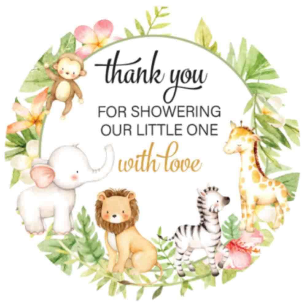 1.9 Inch Round Thank You Stickers for Baby Shower Party Favors - Cute Safari Animal Design - 60 Adhesive Labels for Gifts, Cards & Decorations