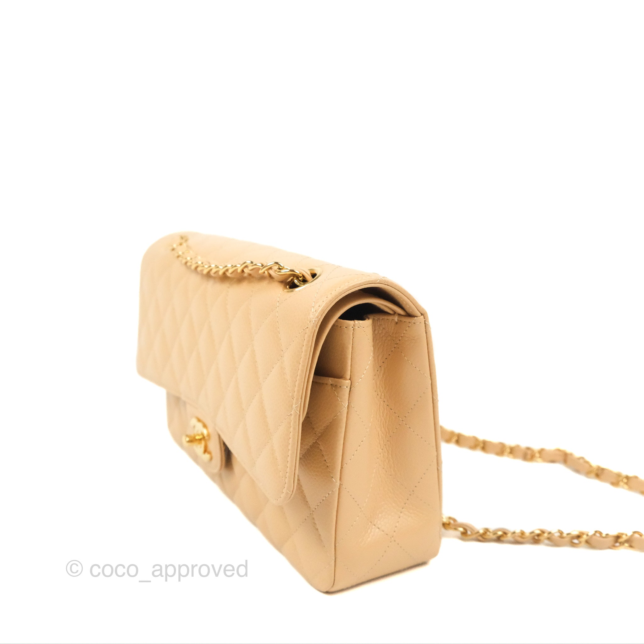 Chanel Classic M/L Medium Double Flap Bag Quilted Beige Caviar Leather with Gold Hardware - Luxury Handbag for Women, Perfect for Work, Parties & Everyday Use
