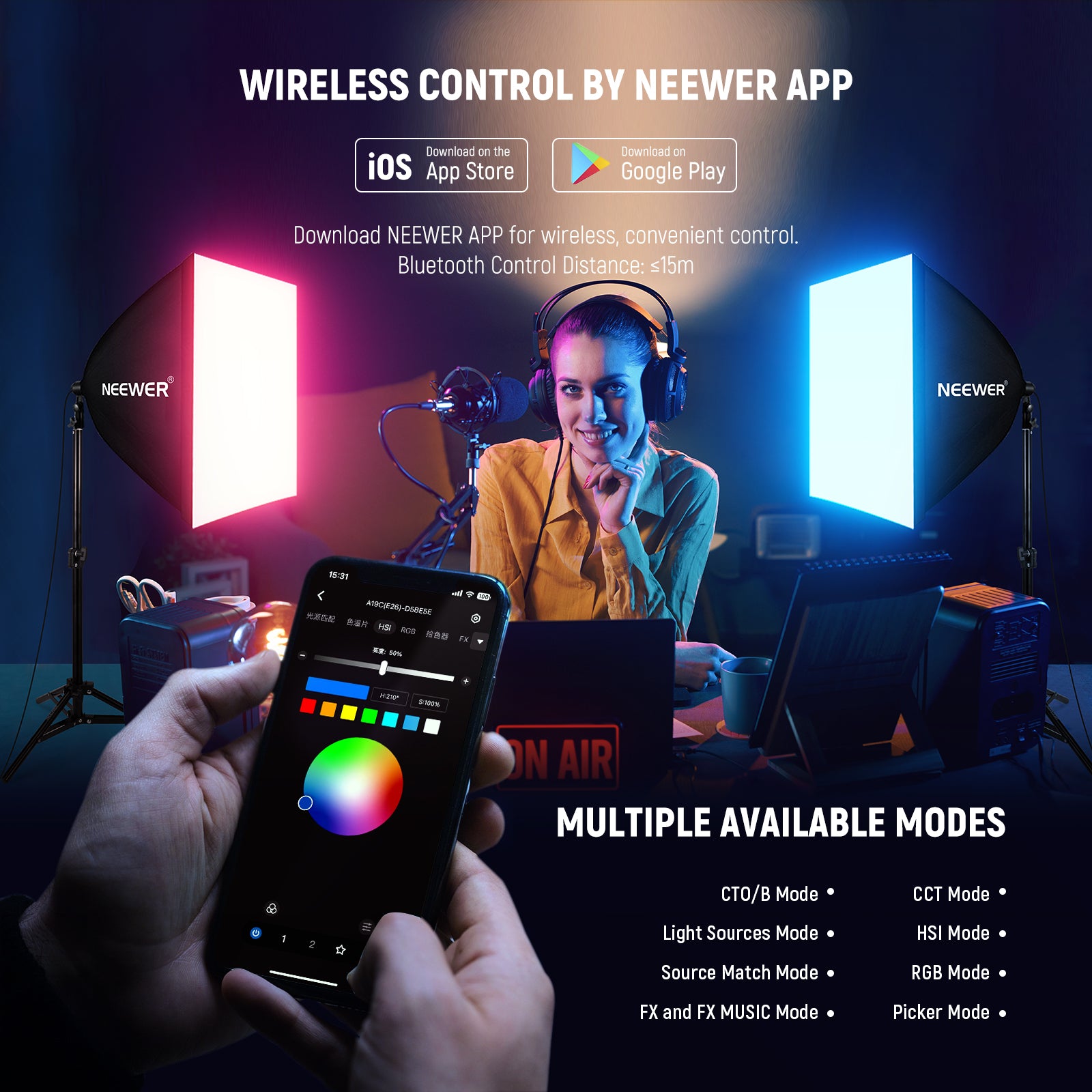NEEWER NK004 16×16/40×40cm RGB LED Softbox Lighting Kit with App Control - Dimmable Studio Light for Photography, YouTube Videos & Live Streaming