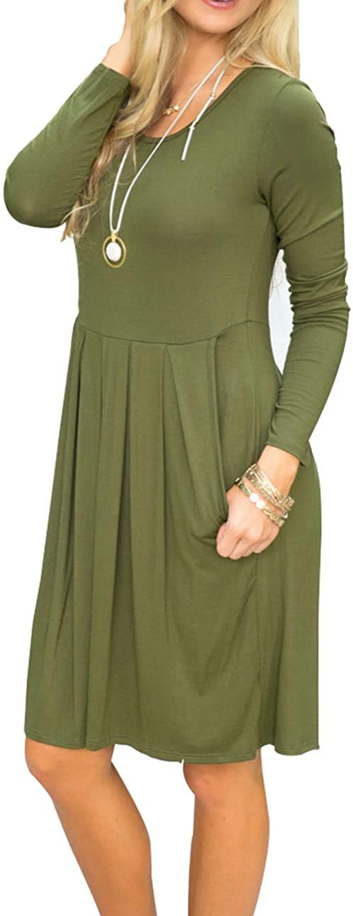 AUSELILY Women's Long Sleeve Pleated Swing Dress with Pockets - Knee Length Casual Loose Fit Dress for Everyday Wear, Office & Date Night | 2025 New Collection