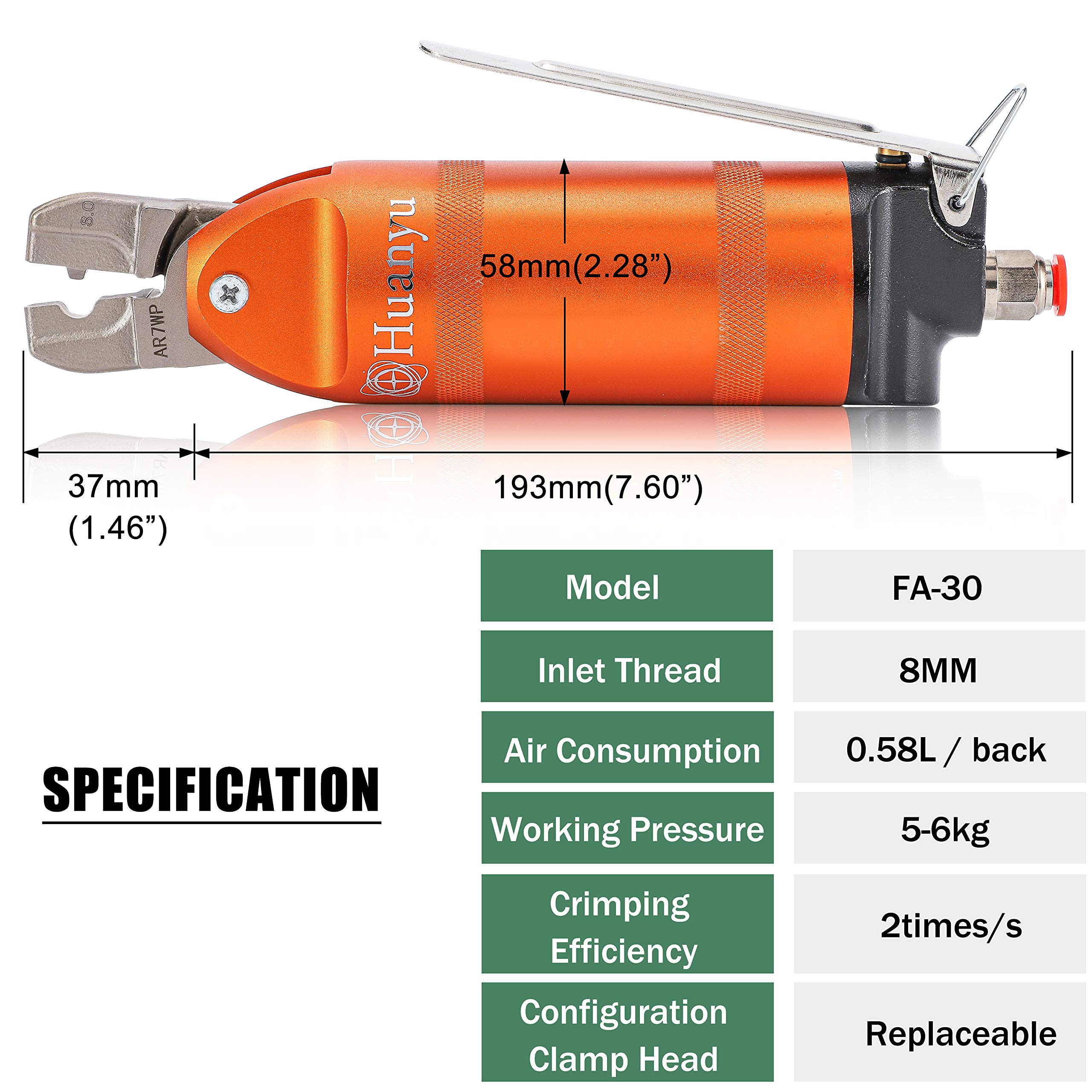 Huanyu 8.0mm Pneumatic Crimping Pliers - Professional Copper Wire Terminal Crimper Tool with Air Nipper for Electrical Wiring (Ideal for Automotive, HVAC & Industrial Applications)