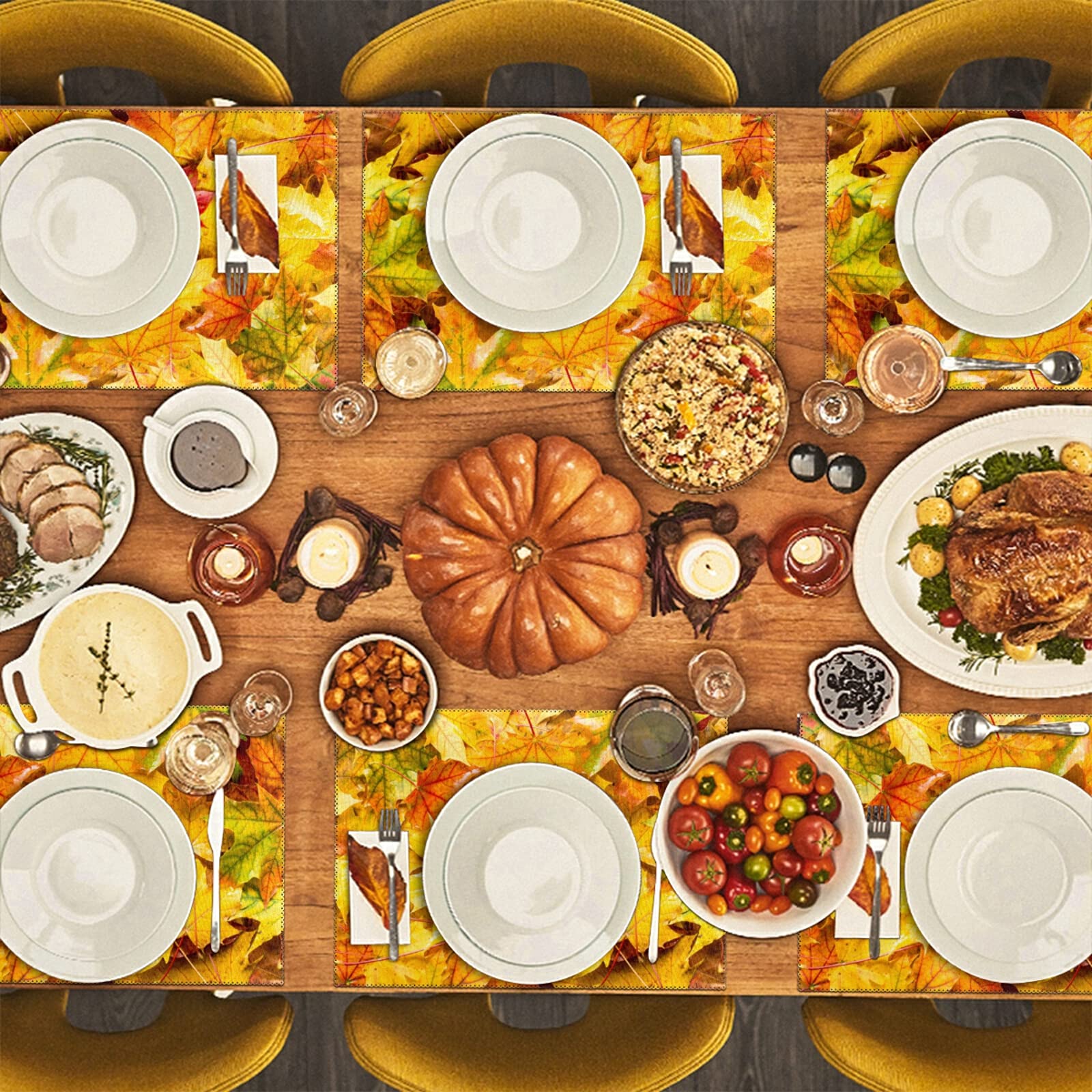 Thanksgiving Maple Leaf Placemats Set of 4 - Non-Slip Heat-Resistant Washable Table Mats for Kitchen & Dining - 12