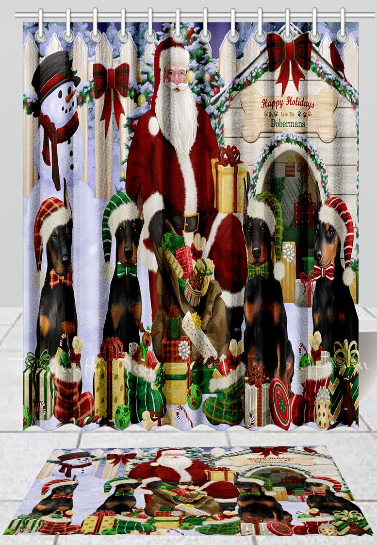 Doberman Dog Shower Curtain & Bath Mat Set - Anti-Slip Bathroom Decor with Hooks, Plush Rug Mat & Polyester Curtain (20