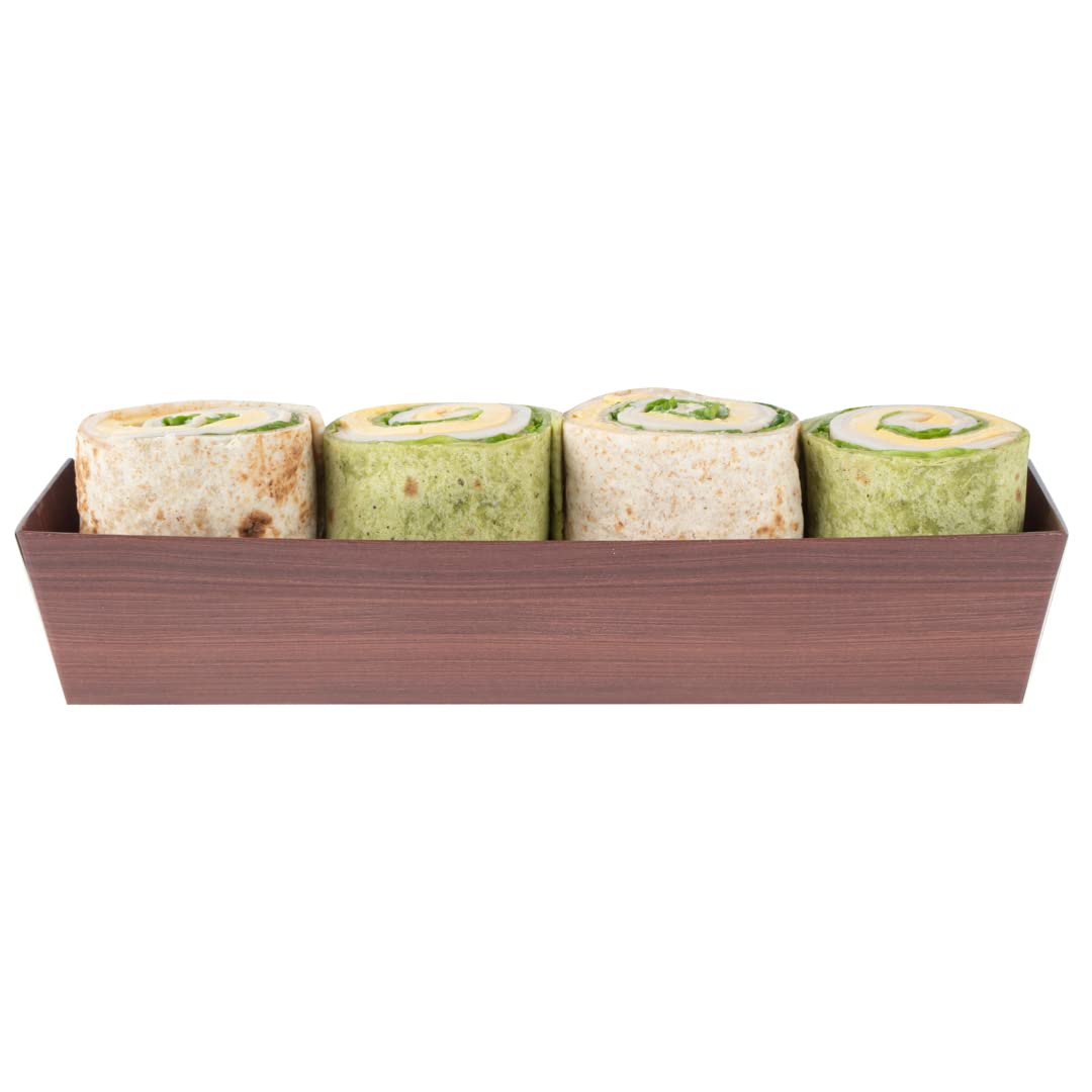 Restaurantware Matsuri Vision 6.5 x 1.7 x 1.4 Inch Disposable Sushi Trays - 100 Greaseproof Wood Grain Paper Sushi Containers for Appetizers, Desserts & Takeout (Lids Sold Separately) | Perfect for Japanese Restaurants, Catering & Food Delivery