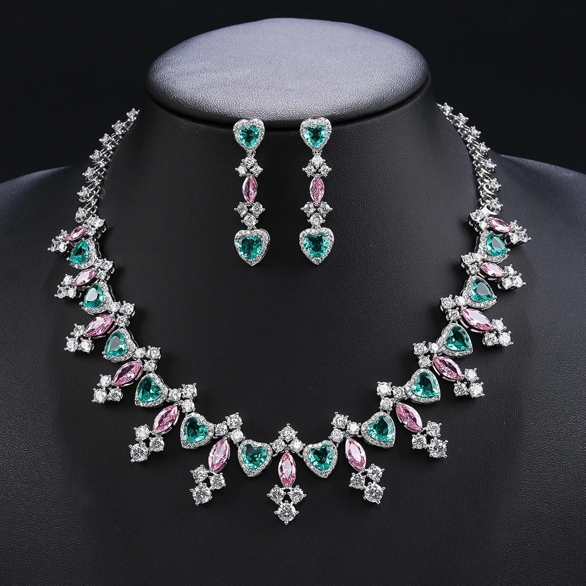 Elegant Multi-Color Cubic Zirconia Heart Necklace & Earrings Set - Wedding, Bridal, Anniversary Jewelry Gift for Her - Perfect for Romantic Dates, Proposals, and Special Occasions