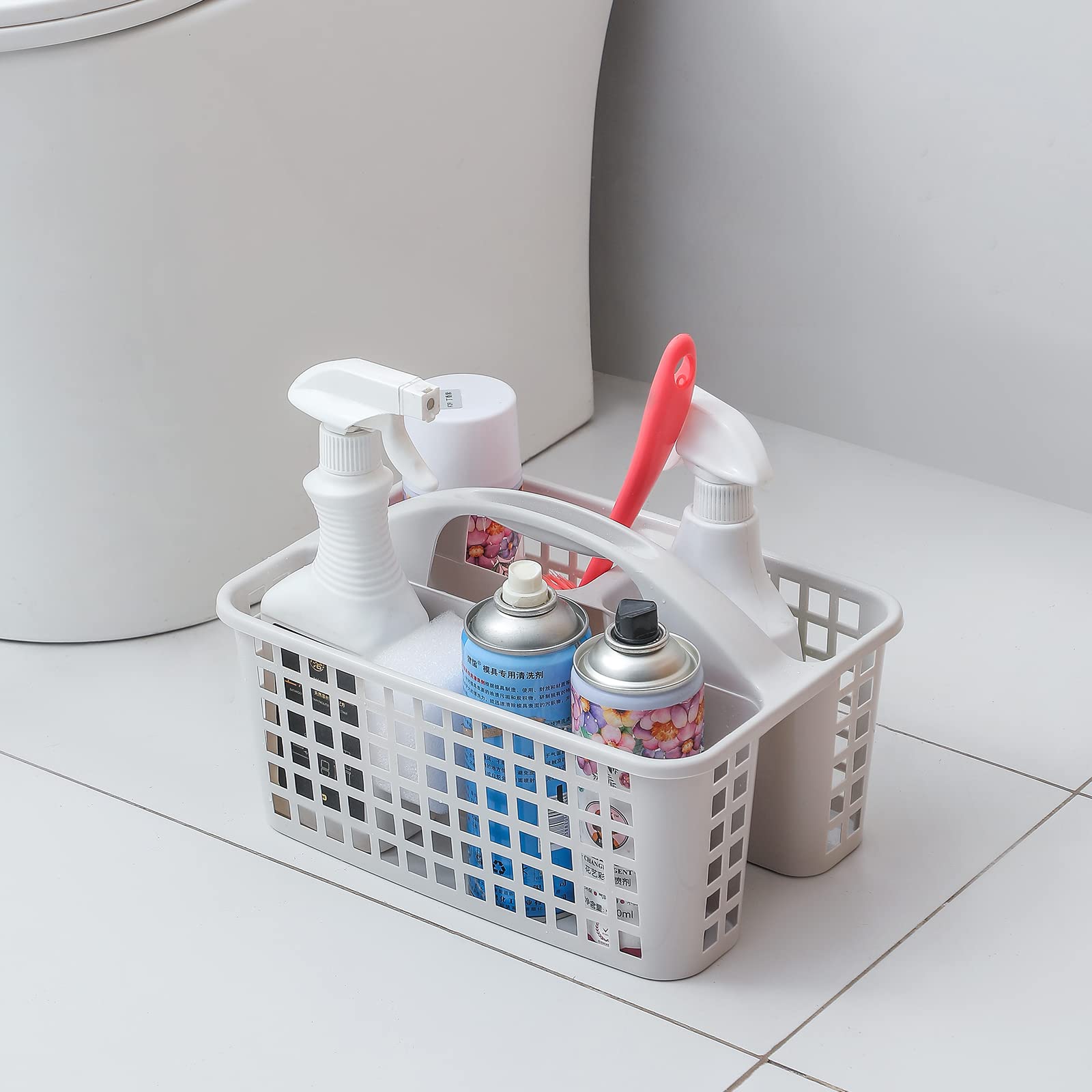 Portable Shower Caddy Basket with 6 Compartments - Bathroom & Kitchen Organizer with Handle - Plastic Storage Bin for Cleaning Supplies, College Dorm, Under Sink - Perfect for Bathroom Shelves, Bedroom Storage & Garden Tools (Light Grey)