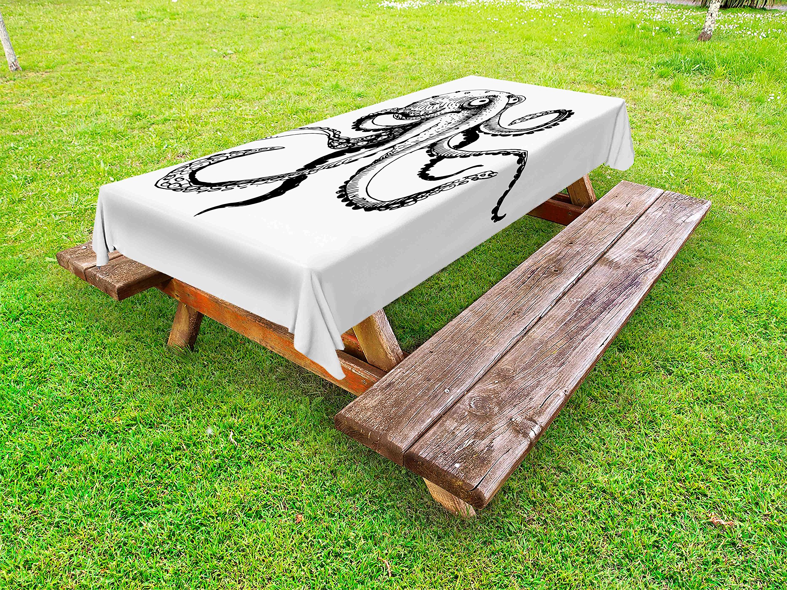 Ambesonne Octopus Outdoor Tablecloth - Smiling Shy Octopus Doodle Art Print, Washable Picnic Table Cover 58x84 Inches Black & White - Perfect for Beach Parties, BBQ Gatherings & Restaurant Decor