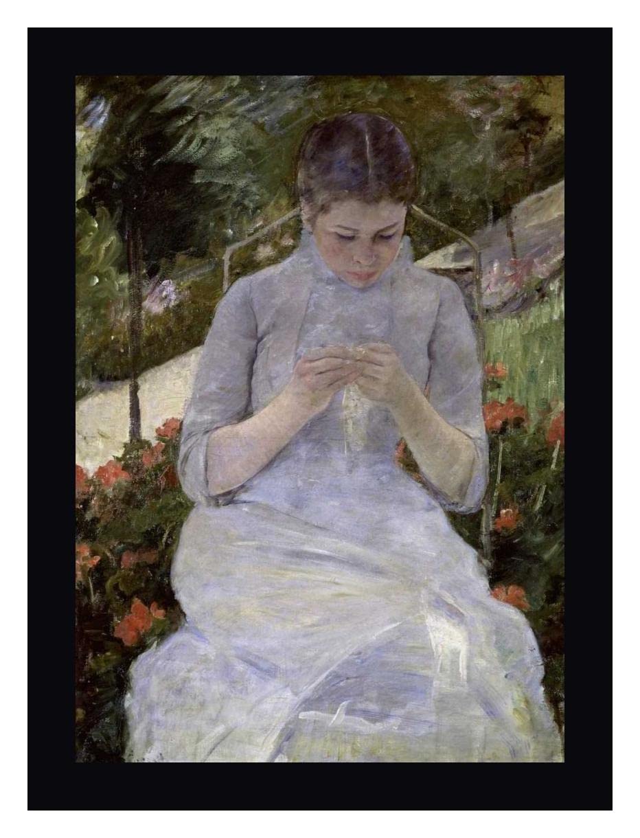 Mary Cassatt 'Young Woman Sewing in the Garden' Framed Canvas Art Print - 27x36 Inches - Black Wood Frame - Ready to Hang Wall Decor for Living Room, Bedroom & Office