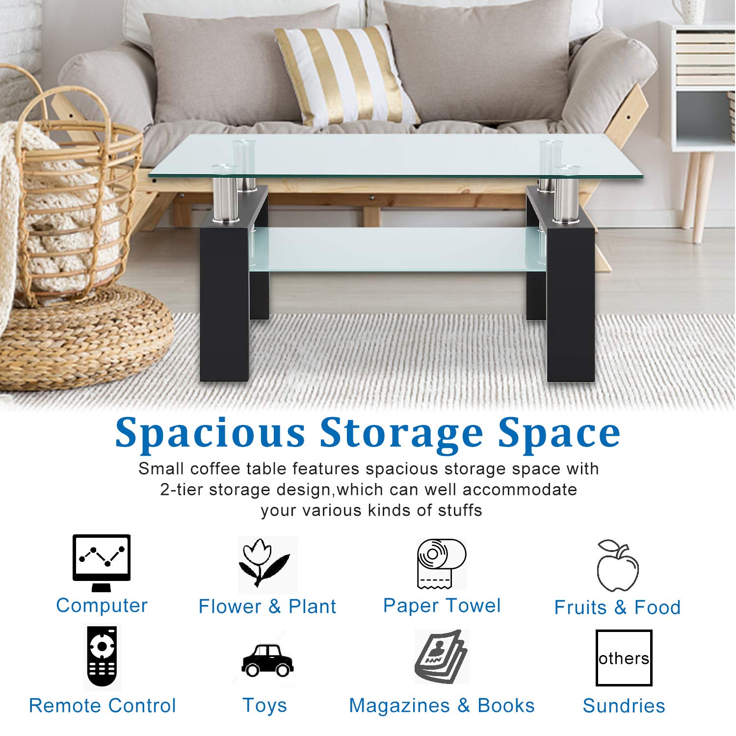 Premium Tempered Glass Coffee Table with Black Metal Legs - Modern Rectangle Center Table for Living Room with Lower Storage Shelf | Stylish & Durable Home Furniture for Small Spaces, Apartments, and Lounge Areas