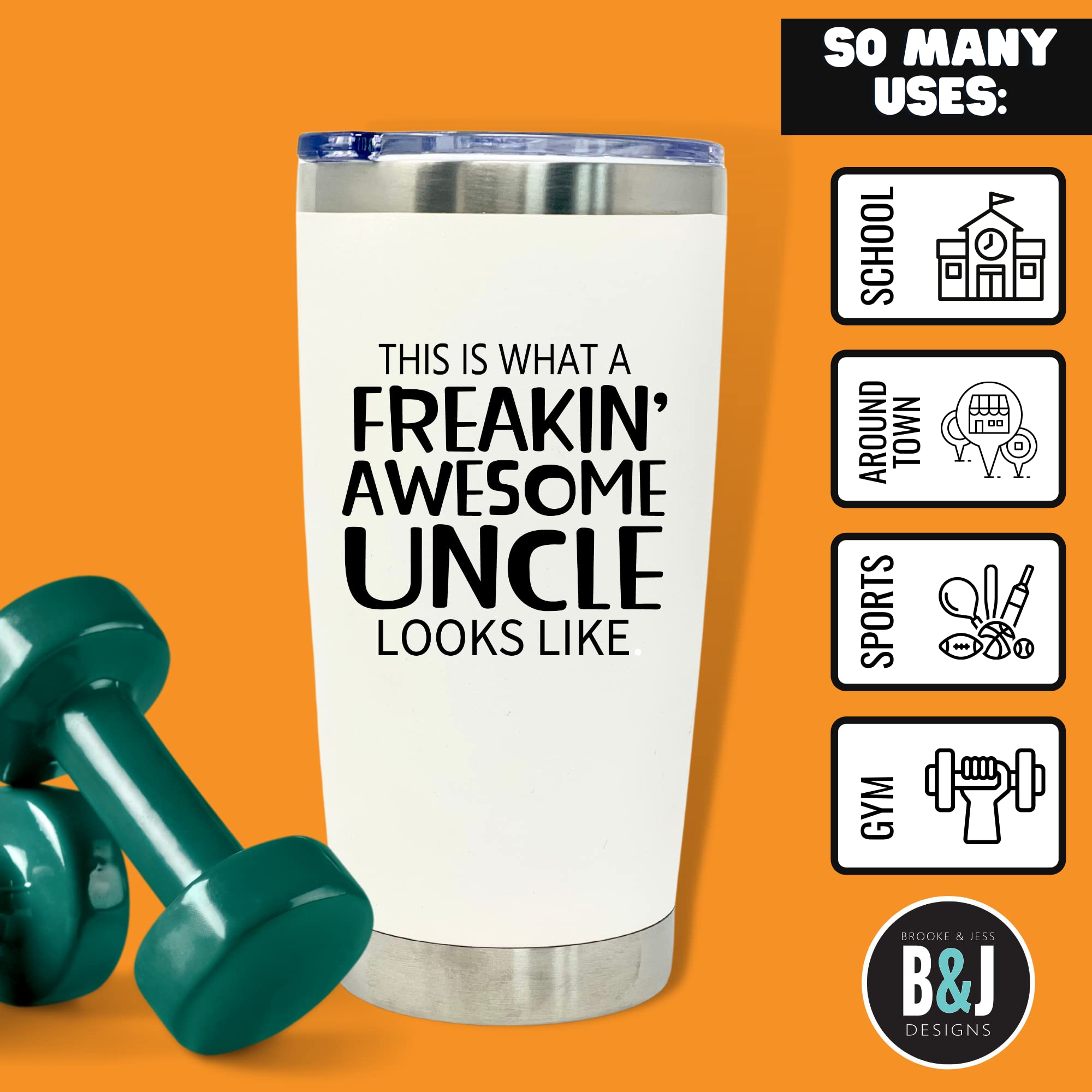 Brooke & Jess Designs Stainless Steel Vacuum Insulated Tumbler - 20oz Large Travel Coffee Mug with Lid - Funny Uncle Gift Idea - Double Wall Insulated Cup for Hot & Cold Drinks - Perfect for Office, Camping & Road Trips